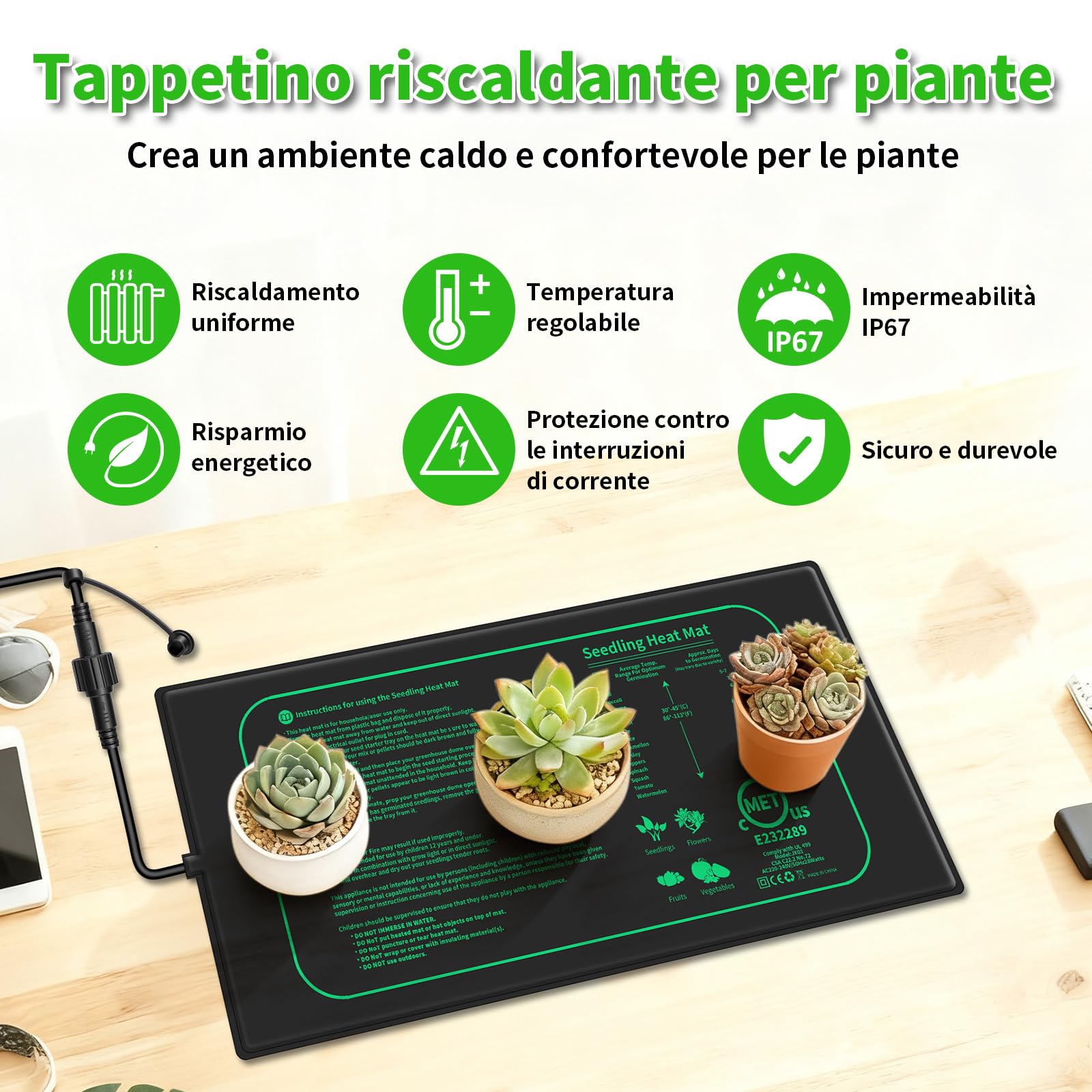 Tappeto Riscaldante, 2 Pezzi 30W con 1 Controllore, Tappetino Riscaldante Regolabile 20–45°C, Impermeabile IP67 e Durevole, Dimensione 20×10 inch, per Germinazione Semi e Rettili
