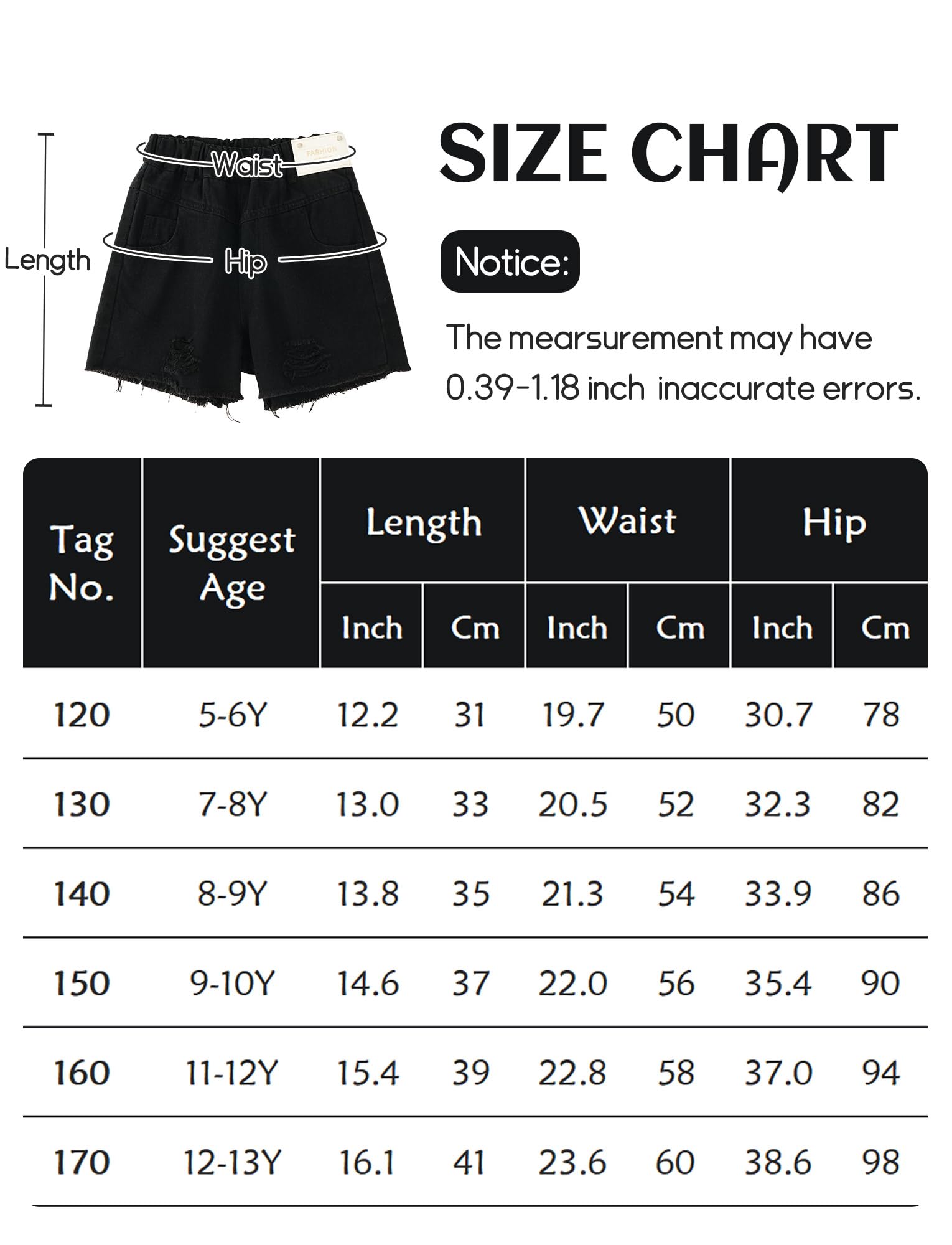 Happy Cherry Short en jean Y2K pour filles - Style décontracté - Avec poches - Pour l'été, la plage, les vacances - Taille élastique - Jambe large - 5-13 ans