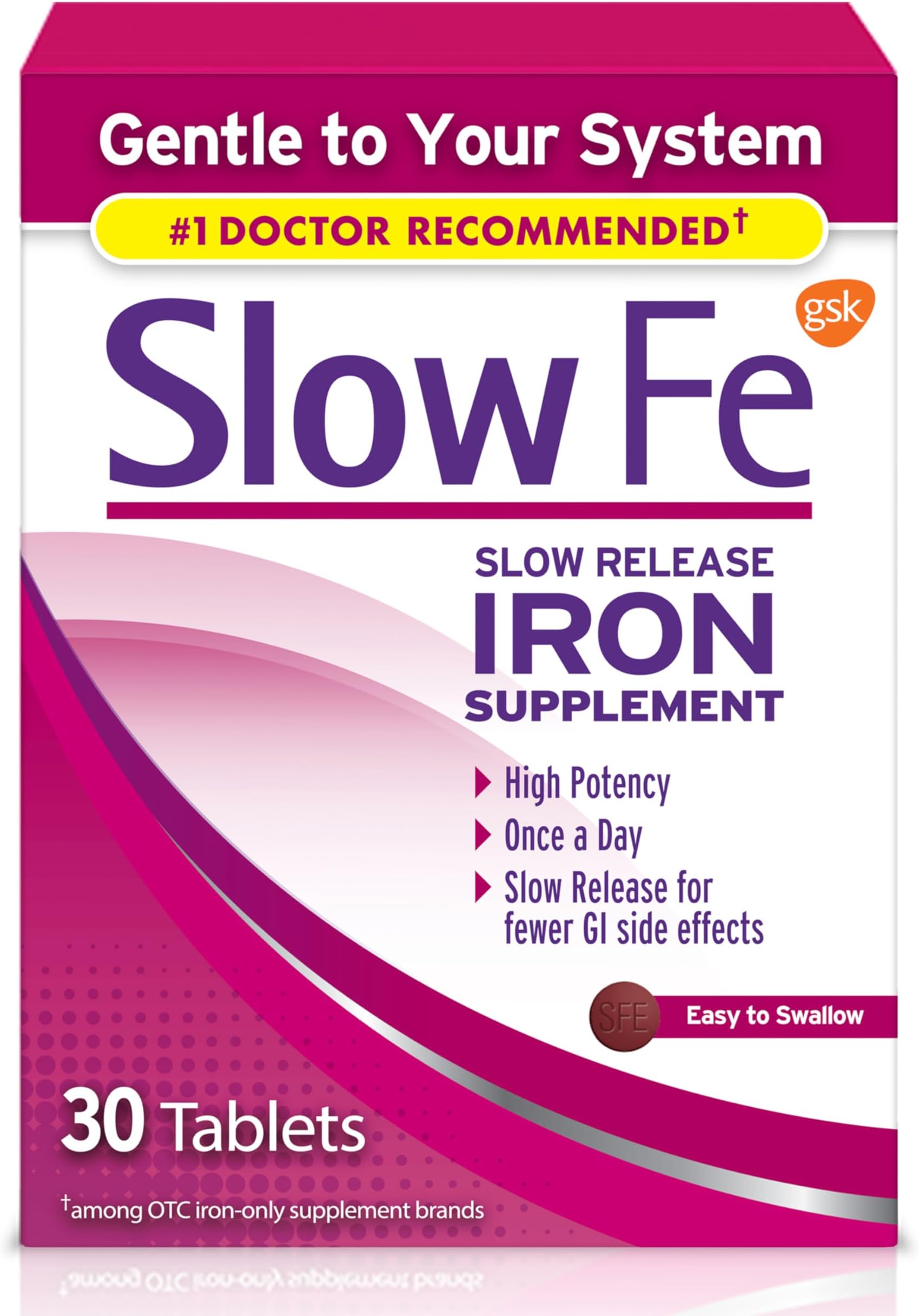 Slow Fe 45mg Iron Supplement for Iron Deficiency, Slow Release, High Potency, Easy to Swallow Tablets - 30 Count