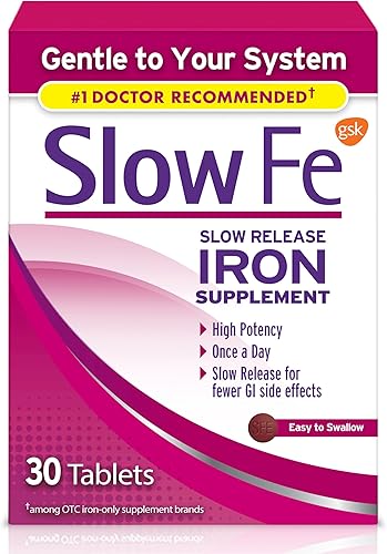 Slow Fe Suplemento de hierro de 45 mg para deficiencia de hierro, liberación lenta, alta potencia, tabletas fáciles de tragar, 30 unidades