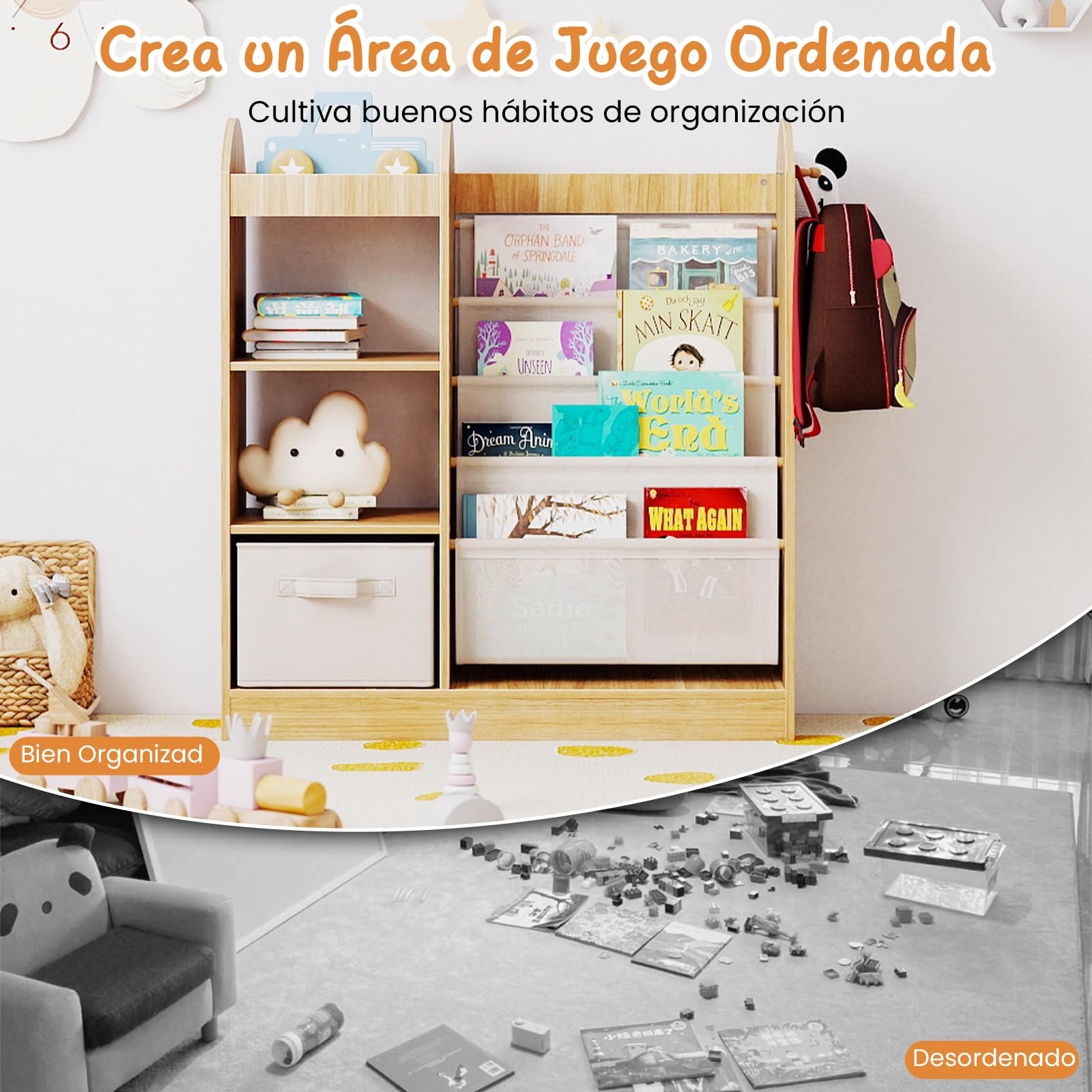COSTWAY Librería Infantil, Estantería Infantil para Libros con Espejo de Cuerpo Entero, Cajón y Estantes de Tela de 4 Niveles, Librería Montessori para Sala de Juegos para Niños de 3+ Años (Natural)