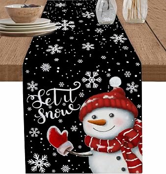 Black Christmas Snowman Table Runner - Cotton Linen 36 Inches Long, White Snowflake Xmas Tablerunner Dress Scarves, Let Snow Merry Christmas Table Runner for Dining/Coffee/Baby Shower/Party