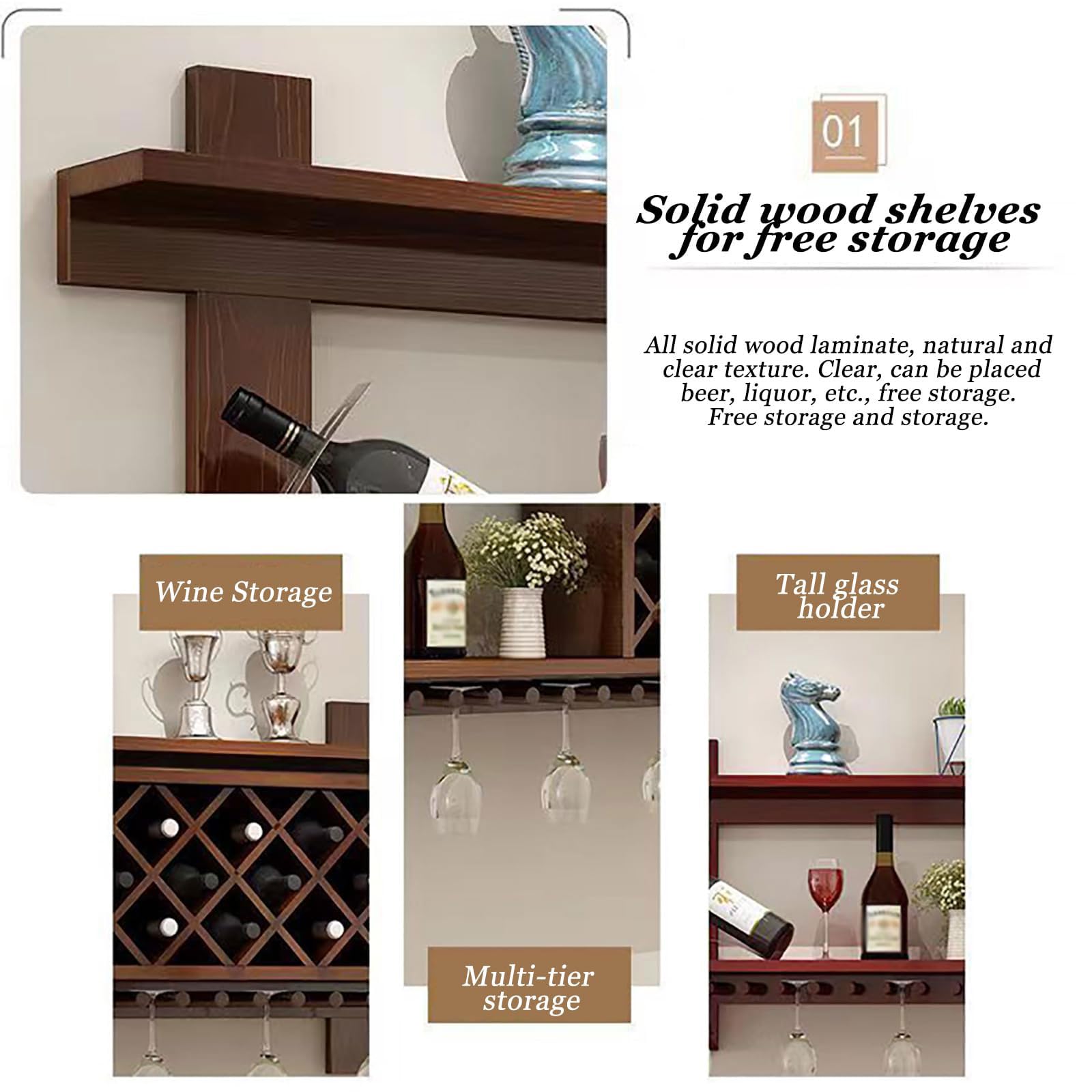Estante de Pared para Botellas de Vino con Capacidad para 4-10 Botellas y Soportes para Copas, Estante de 80-140 cm para Accesorios de Bar, Estante Expositor para Bebidas y Vino para el hogar