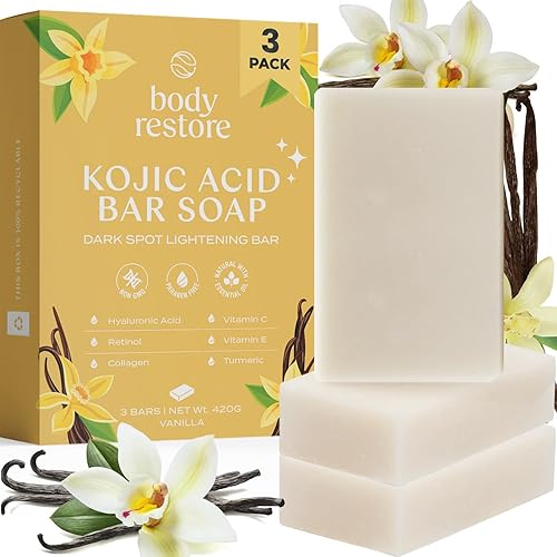 Body Restore Jabón de ácido kójico (paquete de 3), con vitamina C, E, manteca de karité, colágeno, ácido hialurónico, cúrcuma, retinol para manchas