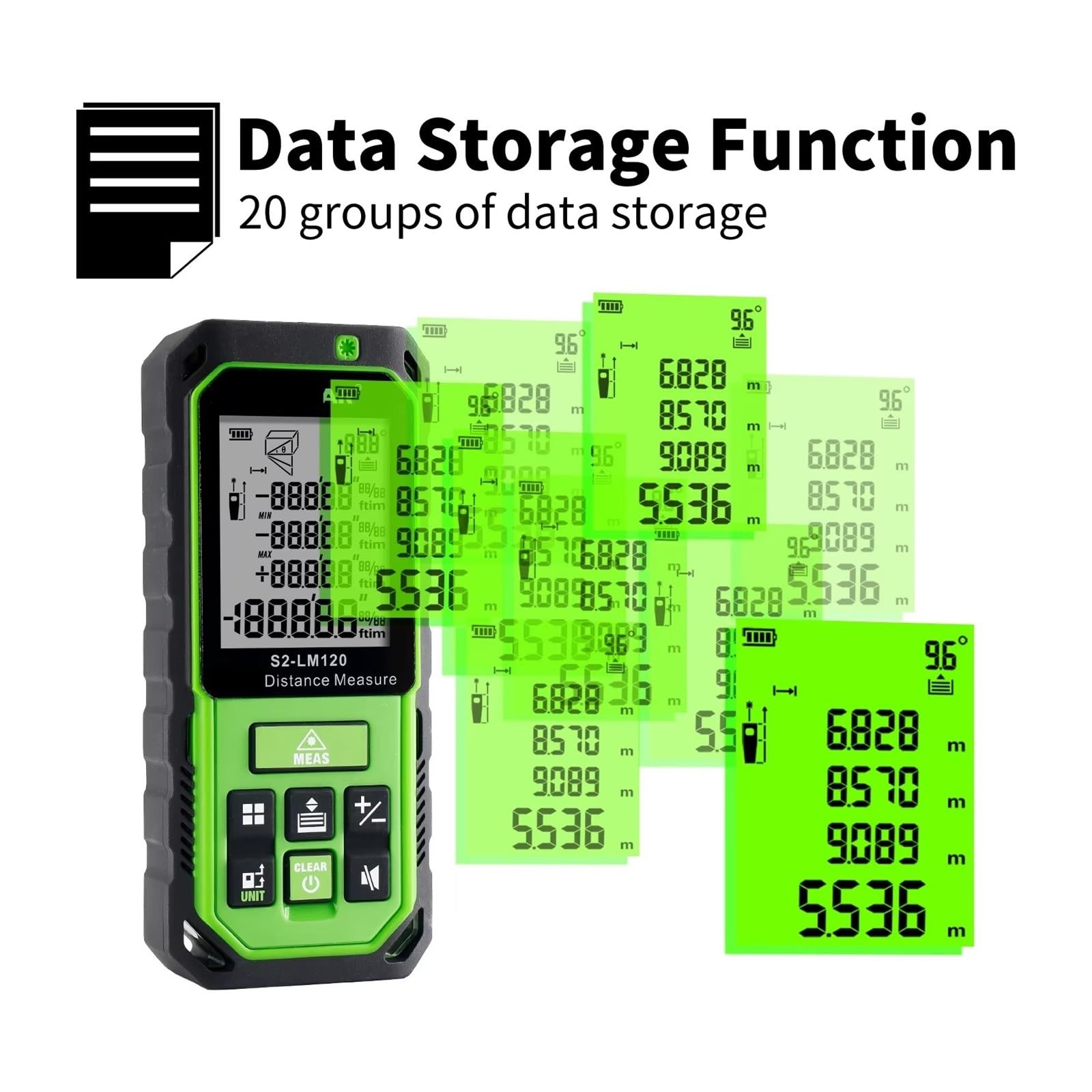 Misuratore Di Distanza Con Raggio Verde Ricaricabile Strumento Misurazione Del Telemetro M/in/Ft Sensore Angolare LCD Precisione Flessibilità Misurazione