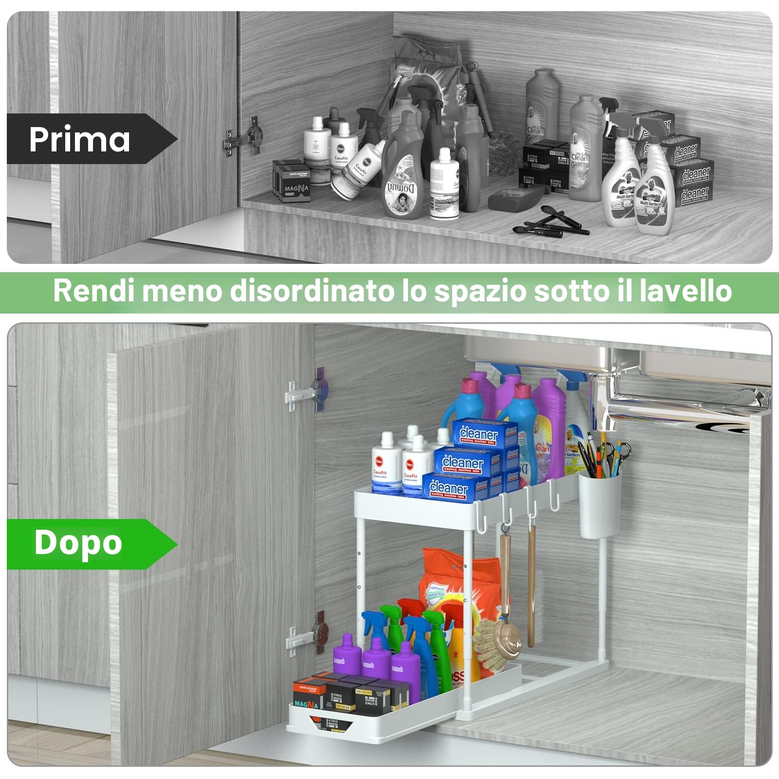 organizer sottolavello cucina a 2 Livelli, con 4 Ganci, 8 tappetini Antiscivolo e 1 Tazza appesa organizzatore portadetersivi sotto lavello da cucina (Bianco)
