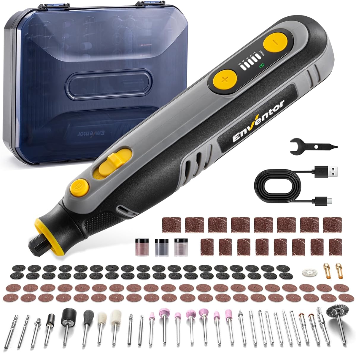 Enventor 8V Mini Multifunktionswerkzeug Akku, 2000 mAh, Rotationswerkzeug-Set, 5 Variable Geschwindigkeiten, 5000–30000 RPM, 125-tlg Zubehör zum Schnitzen, Schleifen, Polieren, Schneiden, Bohren