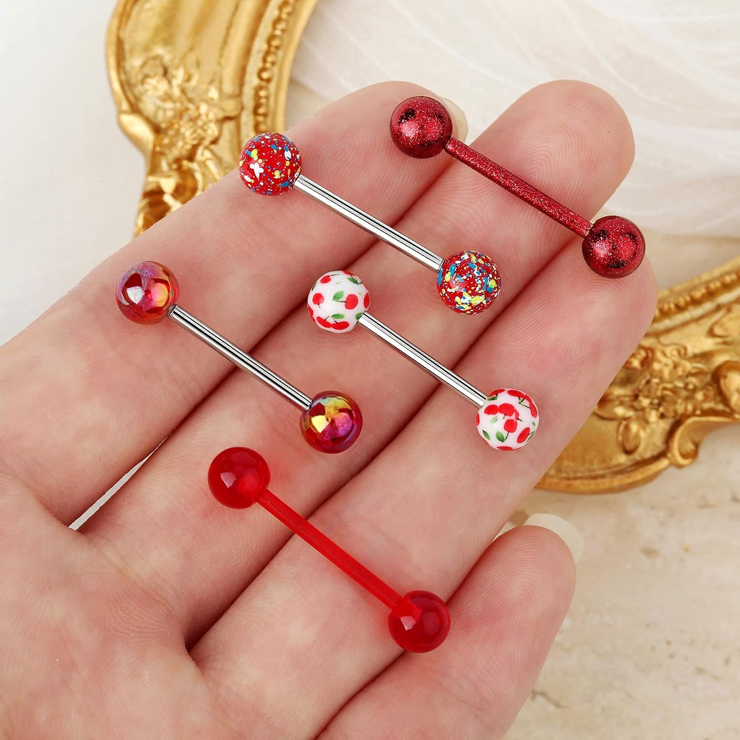 Jewseen Tongue Barbell 5PCS 14G 316L Stainless Steel Rings With Cherry Painting Pattern Red Splatter Acrylic Balls Bars Piercing for Women