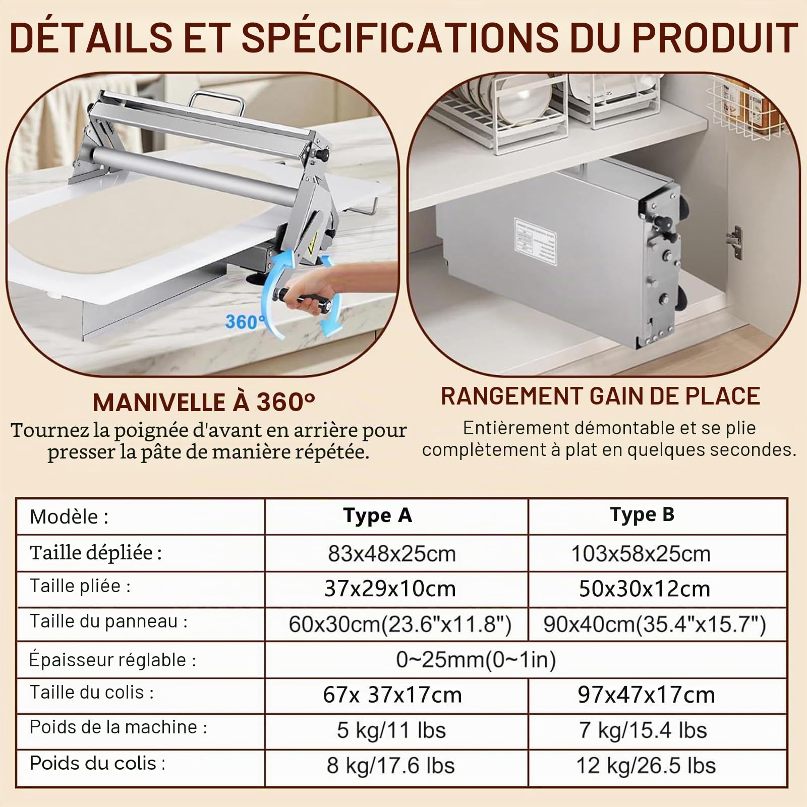 Laminoir à pâte Manuel Pliable, Rouleau à pâtisserie en Acier Inoxydable avec épaisseur réglable de 0 à 25 mm, Usage Commercial et Domestique, pour Pizzas, Croissants et pâtisseries TypeB
