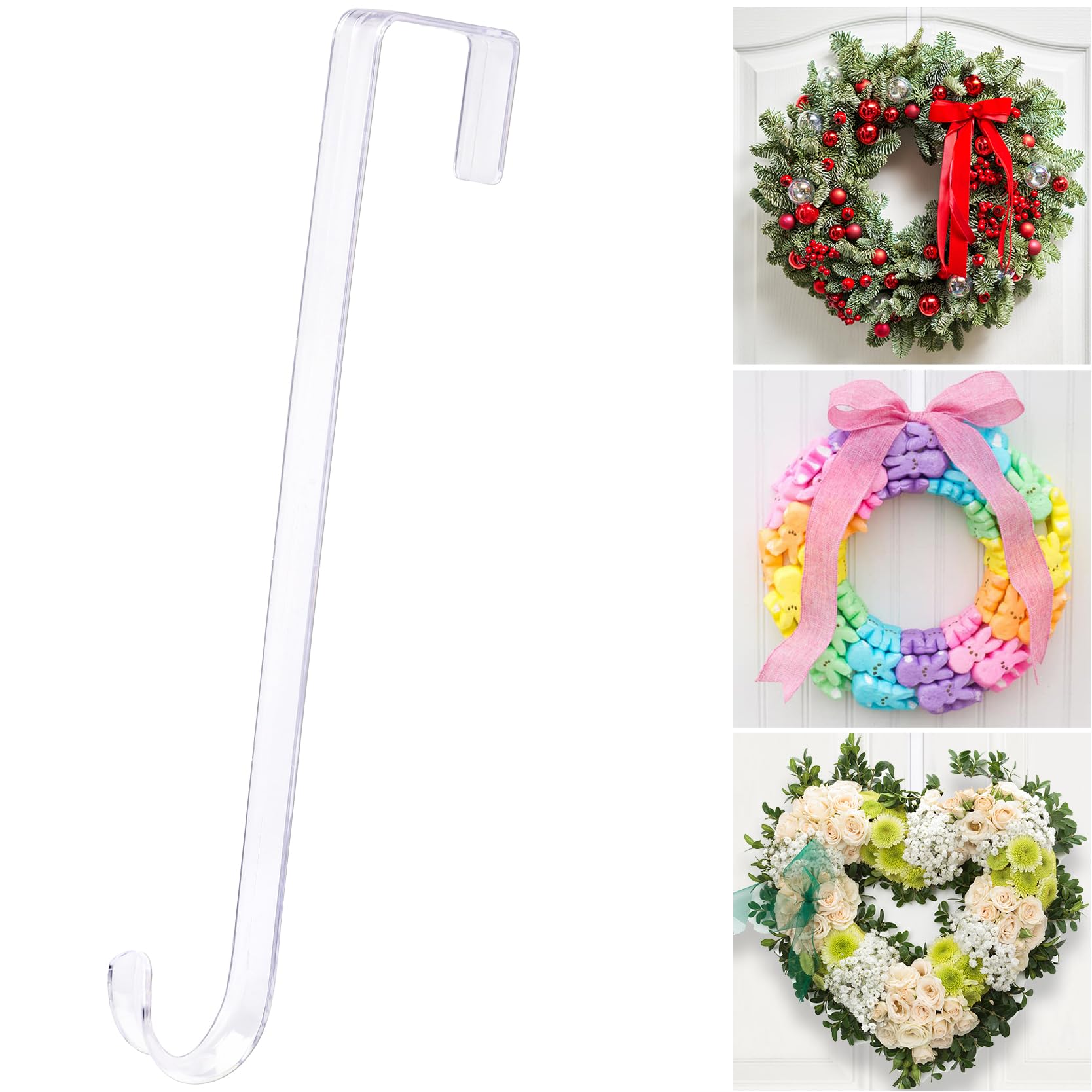 12" Clear Wreath-Hanger Non Scratch Hooks, 1 Pack Wreath-Hanger, Over The Door Hooks Deceneration, Slim Hangers Organizer