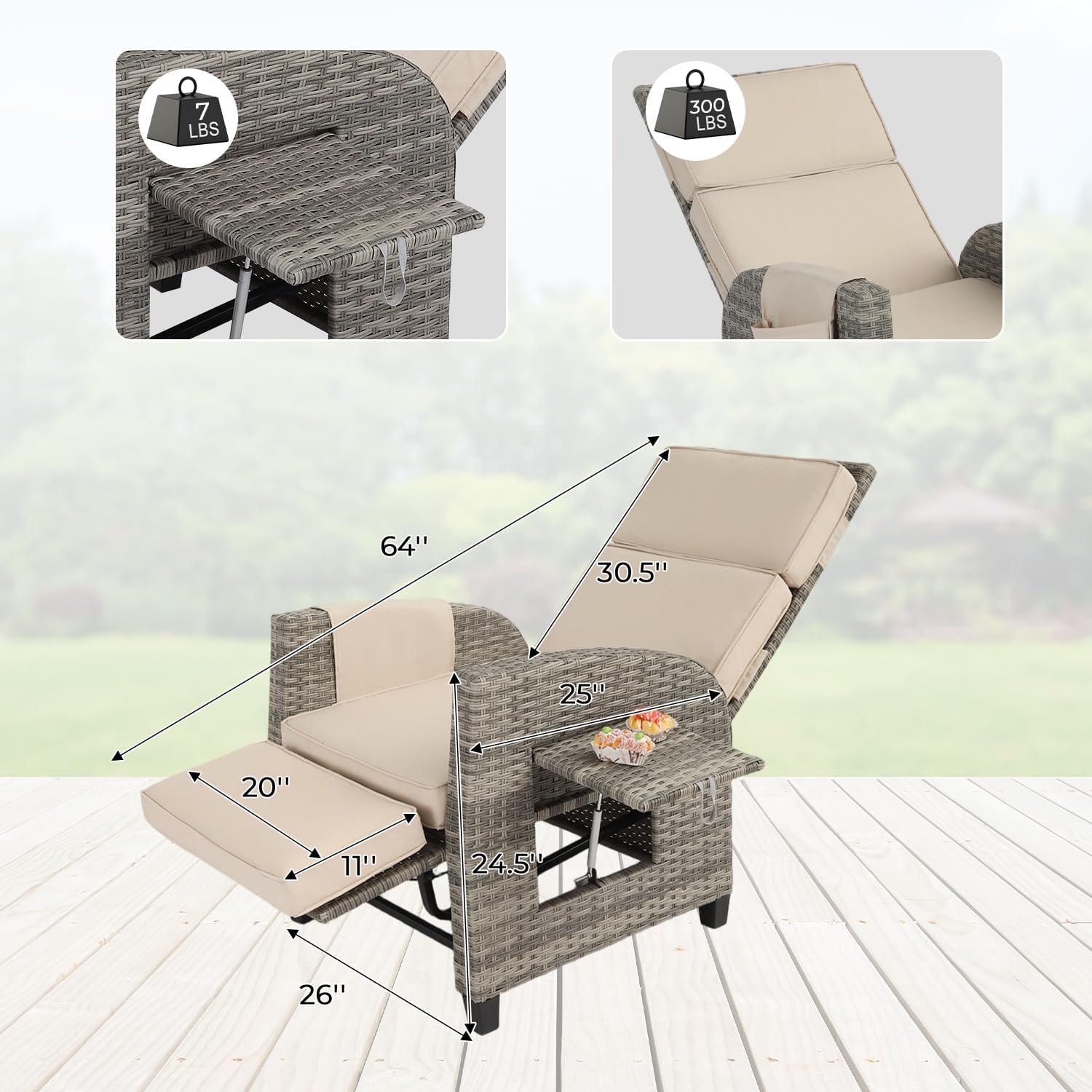 Outdoor Patio Recliner Chair, Independent Adjustable Backrest up to Lay Flat Reclining Chair & Extended Footrest, Flip-Up Side Table, Removable Cushion for Porch Balcony Garden Poolside (1)