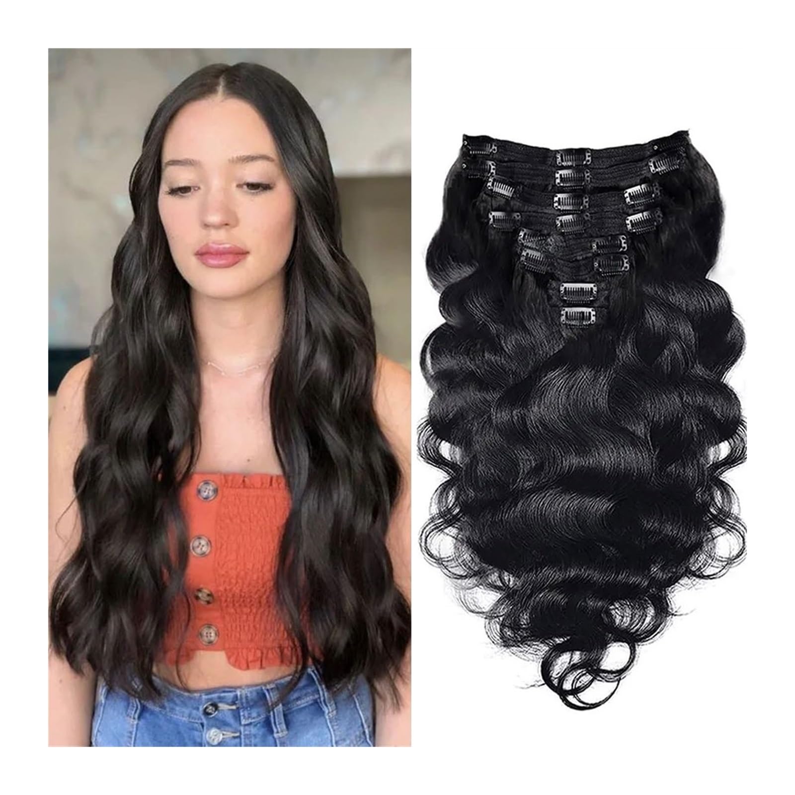 Przedłużanie włosów 8 sztuk doczepiane ludzkie włosy typu body wave, 120g miękkie doczepiane fale typu body wave naturalne czarne ludzkie włosy falowana treska dla kobiet Treska (Size : 24inches, Co