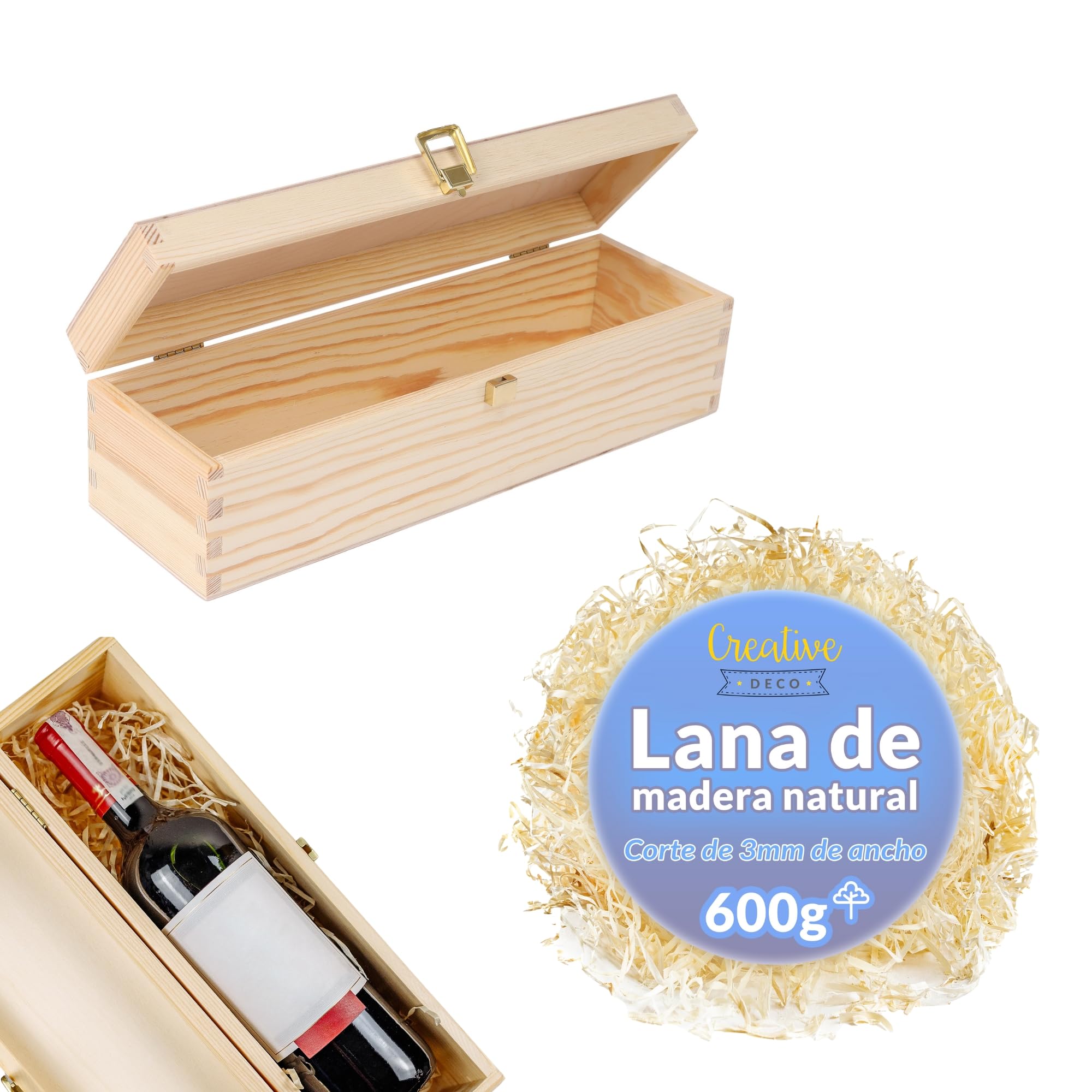 Creative DECO Caja de Madera para Vino con Tapa 36x11x9,8cm (+-1cm) | Cierre + 600 g de Lana de Madera | Pino Natural | para Envolver Regalos, Pascua, Decoración, Almacenamiento y Decoupage