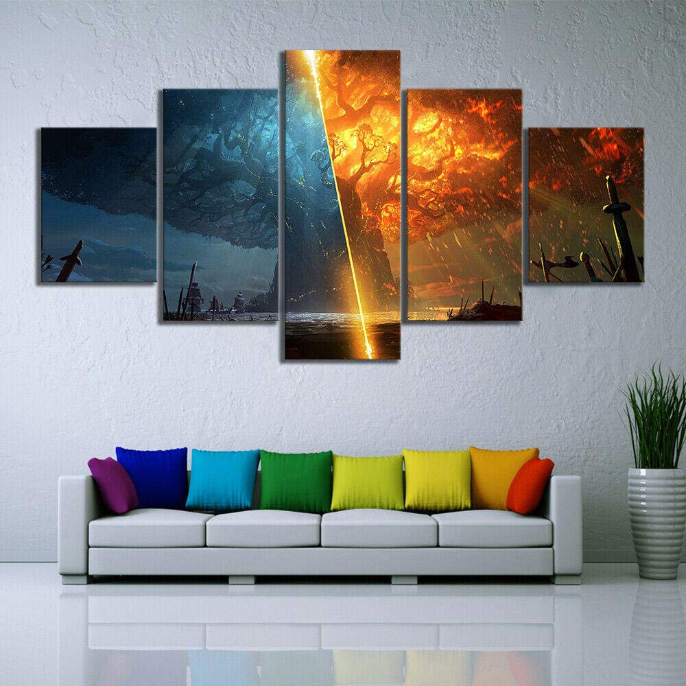 Multi Panel Wall Art 5 Piece Print On Canvas Pictures Teldrassil Burning 5 Pieces Art Print Images Modern Home Decoration 150×80Cm Wallpaper (Completely Framed)