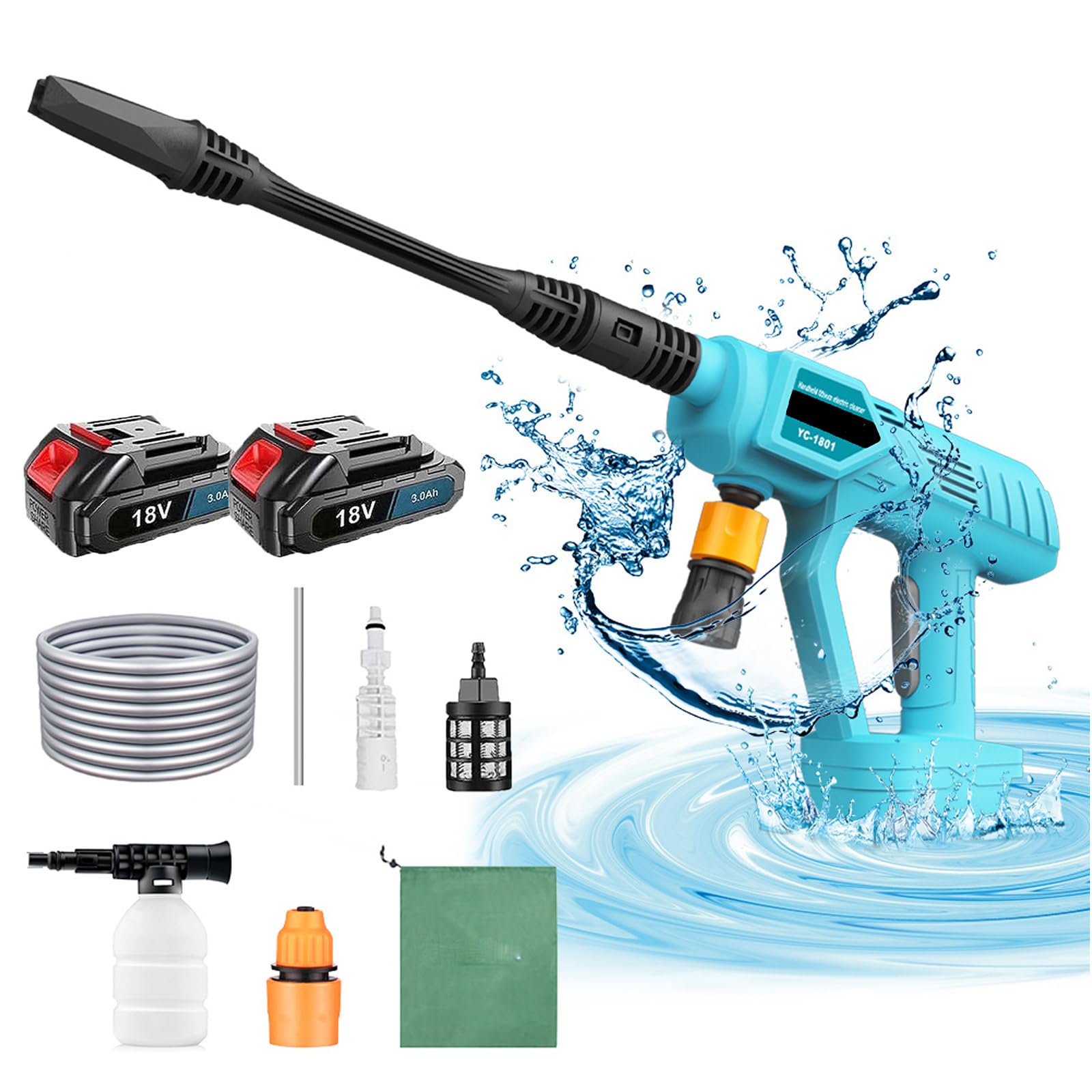 Cordless Pressure Washer 18V, Electric Portable Pressure Cleaner with 2x3000 mAh Battery & Charger, Multi-Function Electric Cleaner with 5M Hose, Tool For Cleaning Terrace, Car, Garden, Irrigation