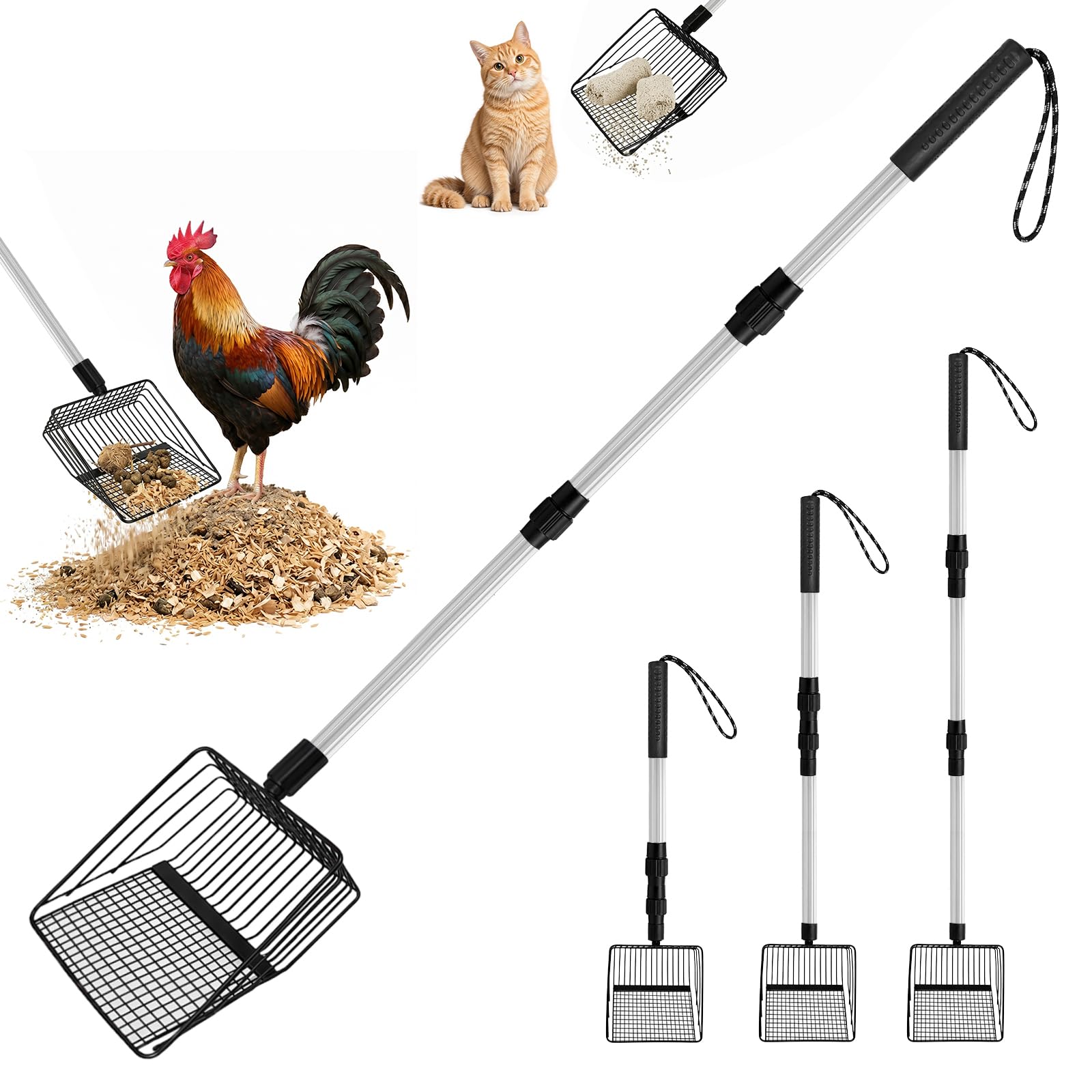 3 in 1 Paletta per Letame di Pollo, 56/80/108cm Pollo Poop Scooper Paletta Regolabile, Palettas Lettiera Gatto, Accessori per Pollaio per Separazione Feci e Detriti dalla Sabbia (Nero)