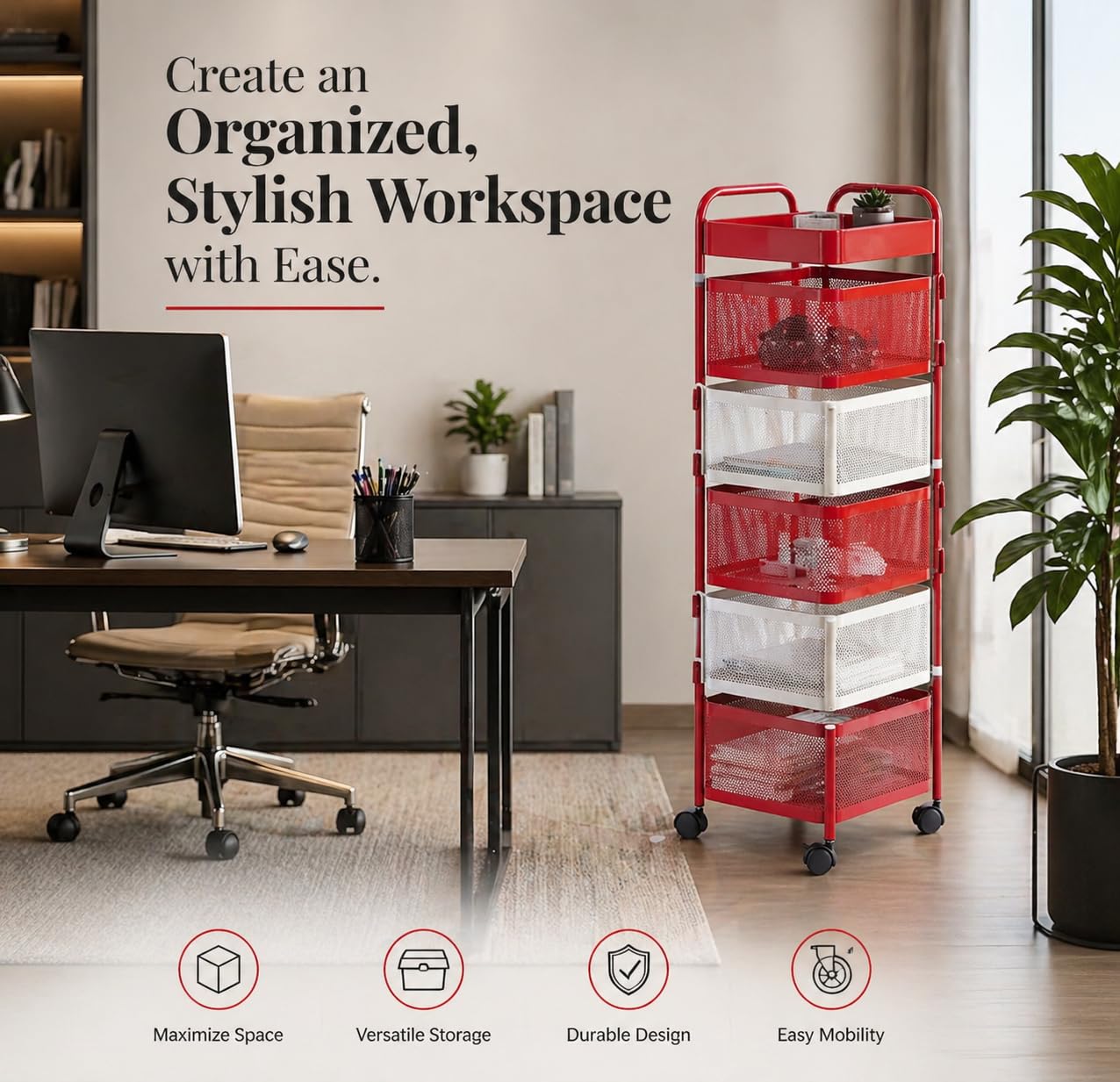 BURAKH Carrello portaoggetti girevole, quadrato, in metallo, con ruote, organizer per cucina e bagno, scaffale per verdure, carrello salvaspazio rosso e bianco (rosso e bianco, quadrato a 6 livelli)