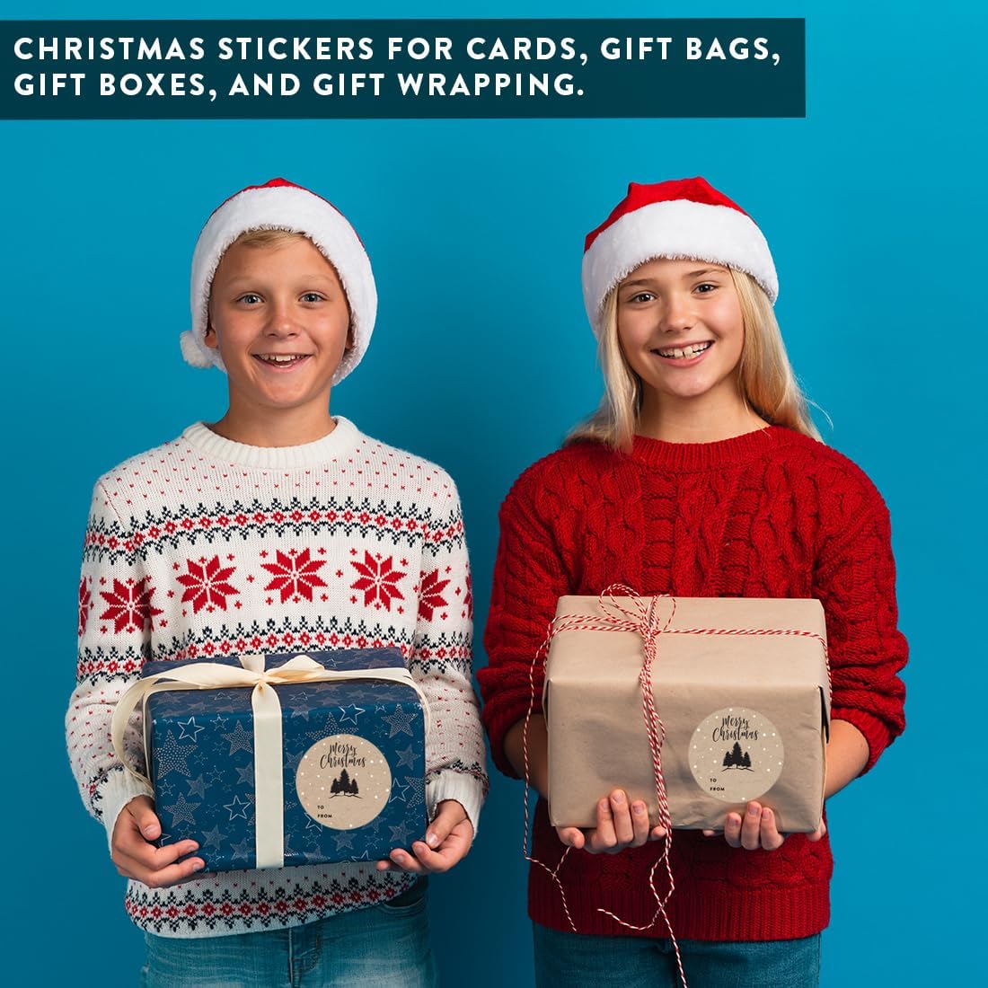 Andaz Press Christmas Round Circle Gift Sticker Labels, Modern Black Forest Trees On Kraft Brown, Merry Christmas, 40-Pack, Black to and from Stickers - Image 4