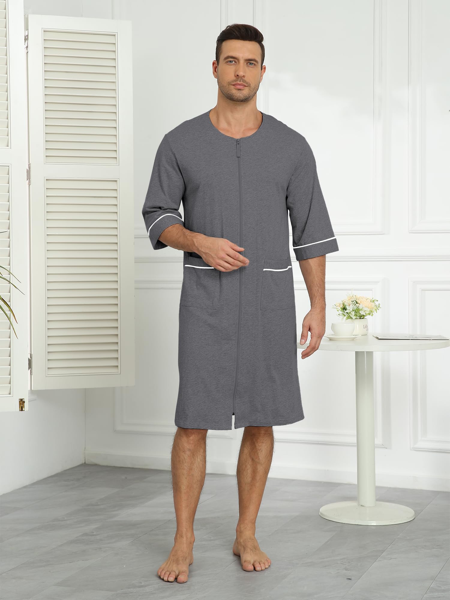 COLORFULLEAF Herren-Bademantel aus 100 % Baumwolle, weicher Reißverschluss, kurzärmelig, Sommer-Kimono, Hausmantel mit Taschen