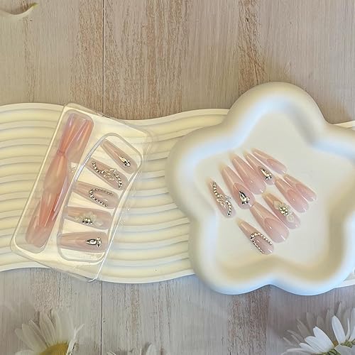 Miniatura 3 de Uñas postizas a presión de punta francesa, uñas postizas largas y cuadradas, uñas acrílicas nude, con dije de mariposa plateada, diseño de diamantes