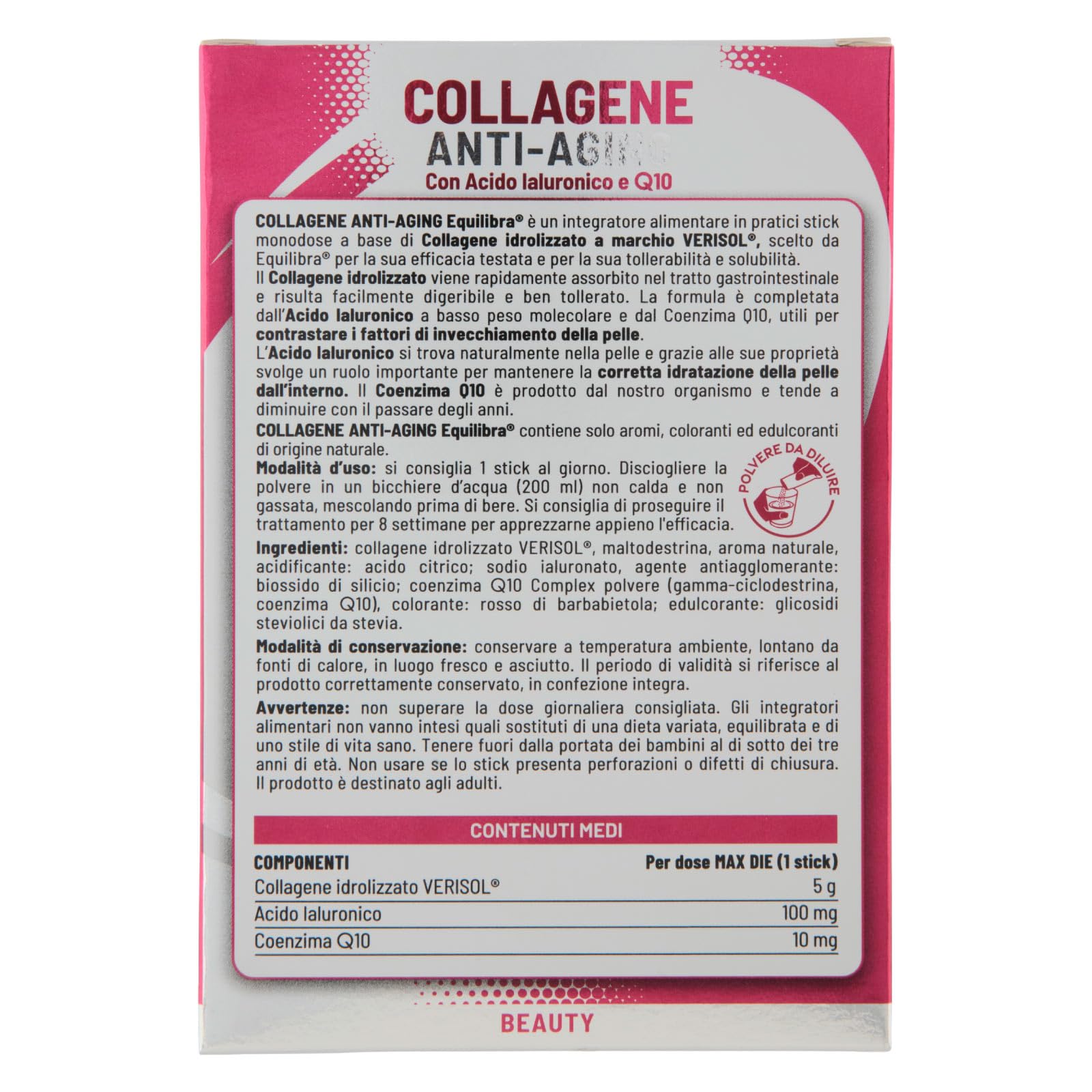 Equilibra Collagene Anti-Aging Integratore Alimentare in Polvere con Acido Ialuronico e Coenzima Q10 Anti Rughe per Elasticità e Tono della Pelle Senza Glutine - 42 Stick Monodose