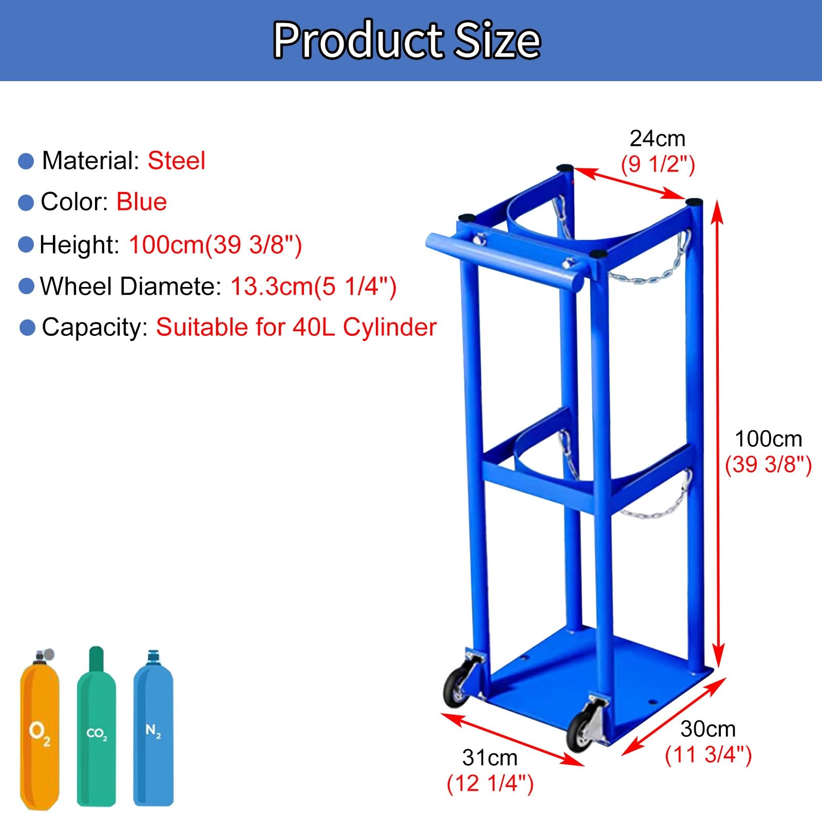 Soportes para Bombonas de Oxígeno Soporte de Acero Móvil con Ruedas para Bombonas de Oxígeno, Carrito para El Transporte de Bombonas de Oxígeno/ Nitrógeno/Argón/ Helio, Carretilla con Ruedas(Capacity