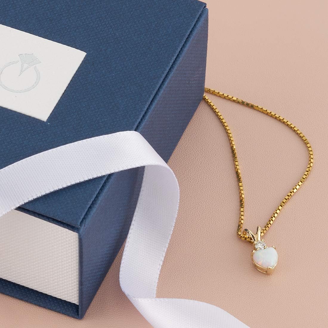 PEORA 14K Yellow Gold Created White Opal and Genuine Diamond Pendant for Women, Heart Shape Solitaire, 6mm, October Birthstone Necklace, Fire Opal Necklace, For Jewelry Gift & Everyday Wear