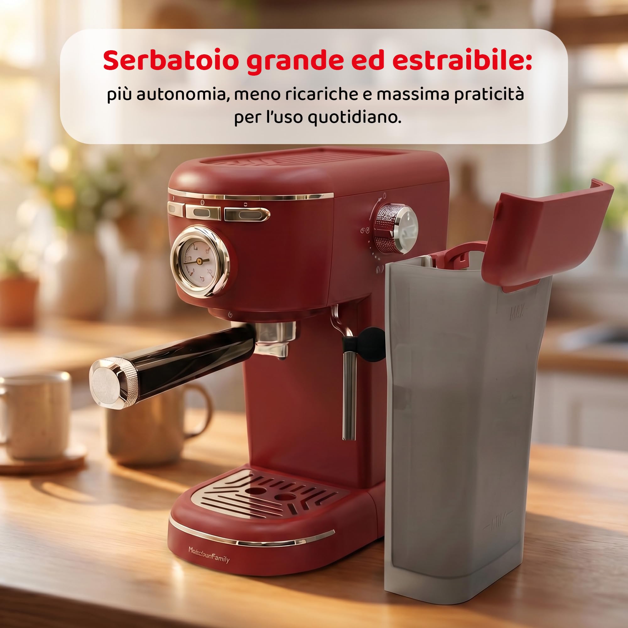 Melchioni Aromatica Plus ekspres do kawy 3 w 1, kompatybilny z kapsułkami Nespresso i kawą mieloną - ciśnienie 15 bar - 1100 W - zbiornik 1,2 l - wbudowany spieniacz do mleka - czerwony