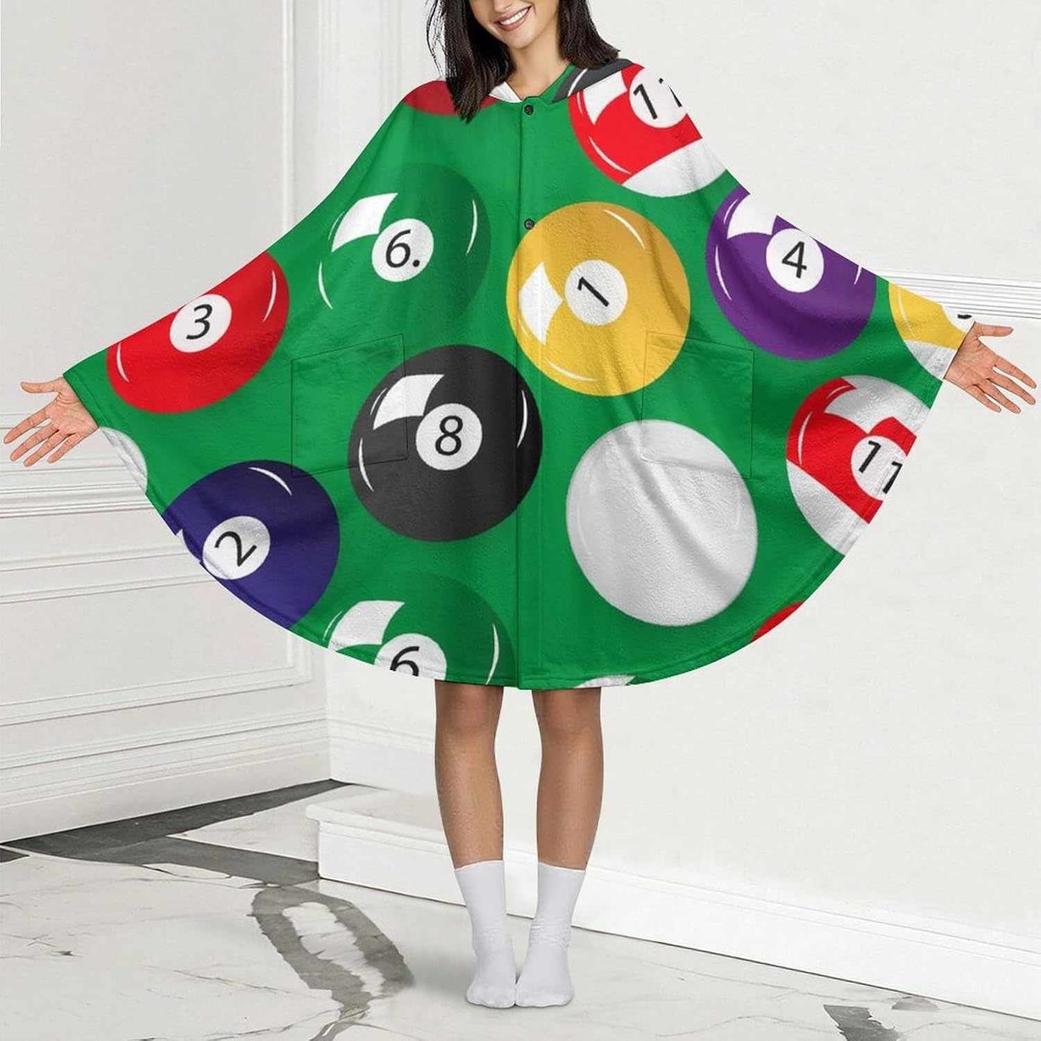 Billiards Pool Table Balls Wearable Blanket with Hooded Flannel Blankets Cape with Pocket
