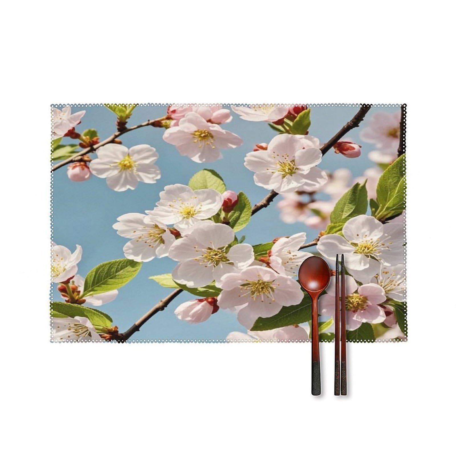 Japanese Floral Cherry Blossom Placemats Set of 6 Heat Resistant Non-Slip Place Mats Washable Wipeable Table Mats Elegant Farmhouse Placemat for Kitchen Dining Outdoor Party Table Decor