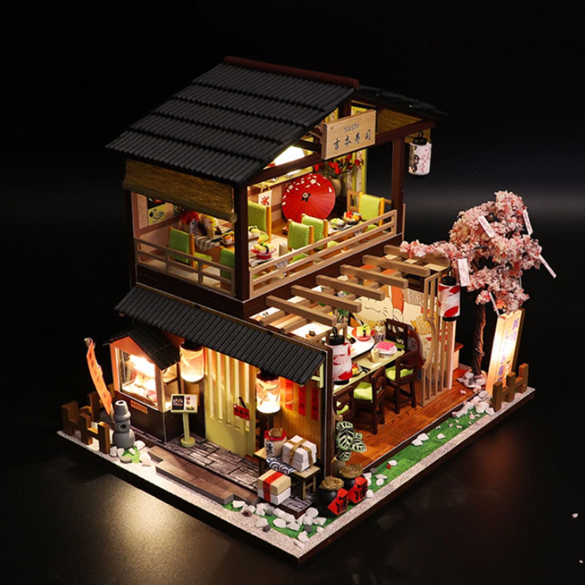 Miniaturowy zestaw do domu dla dorosłych, japoński sklep z sushi, domek dla lalek, zestaw do montażu, drewno, miniaturka 3D, mały dom, prezent 2025-240 elementów