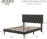 Vista 2 de Base de cama tamaño Queen con cabecera capitonada de diamante, cama con plataforma tapizada de lino y soporte de listones de madera, sin ruido,