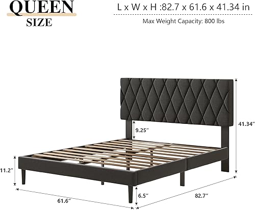 Miniatura 2 de Base de cama tamaño Queen con cabecera capitonada de diamante, cama con plataforma tapizada de lino y soporte de listones de madera, sin ruido, no