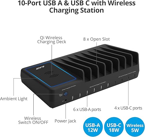 Miniatura 2 de AVLT 150W 10 puertos USB-A USB-C con estación de carga inalámbrica Qi para múltiples dispositivos compatibles con iPhone, iPad, AirPods, teléfono