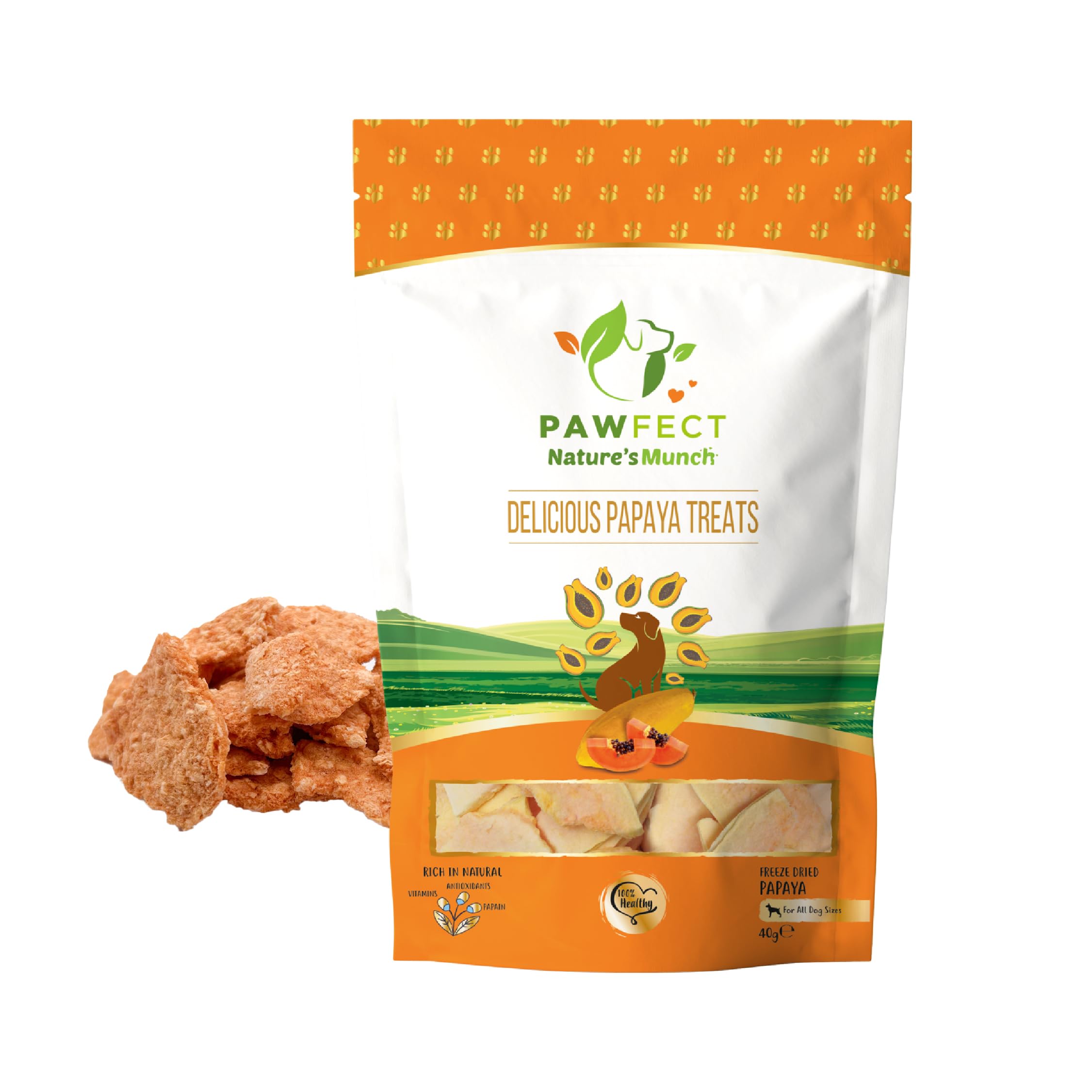 Pawfect Nature's Munch Freeze-Dried Delicious Papaya Treats for Dogs - Vegan Treat- Prevents Heart Problems - 100% Natural - Grain & Gluten Free - Low Calorie Training Treats (40g/1.41oz)