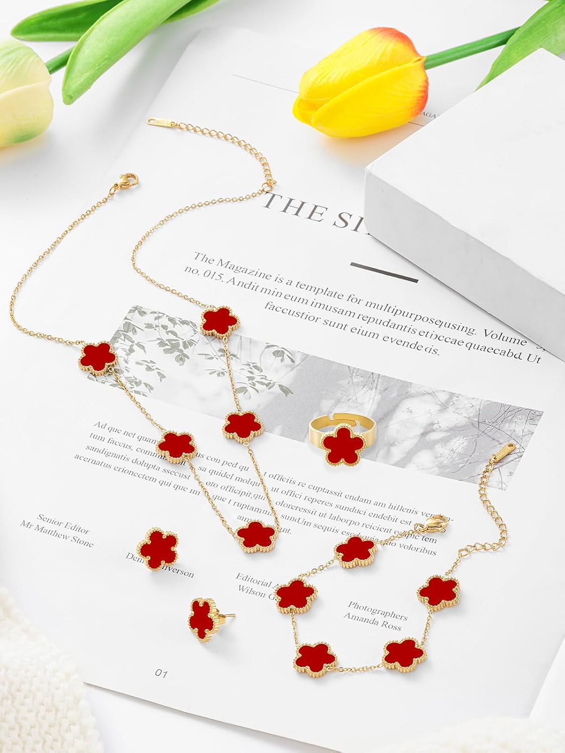 Gold Plated Five Leaf Clover Necklace Bracelet Rings and Stud Earrings Set for Women Lucky Flower Jewelry - Image 5