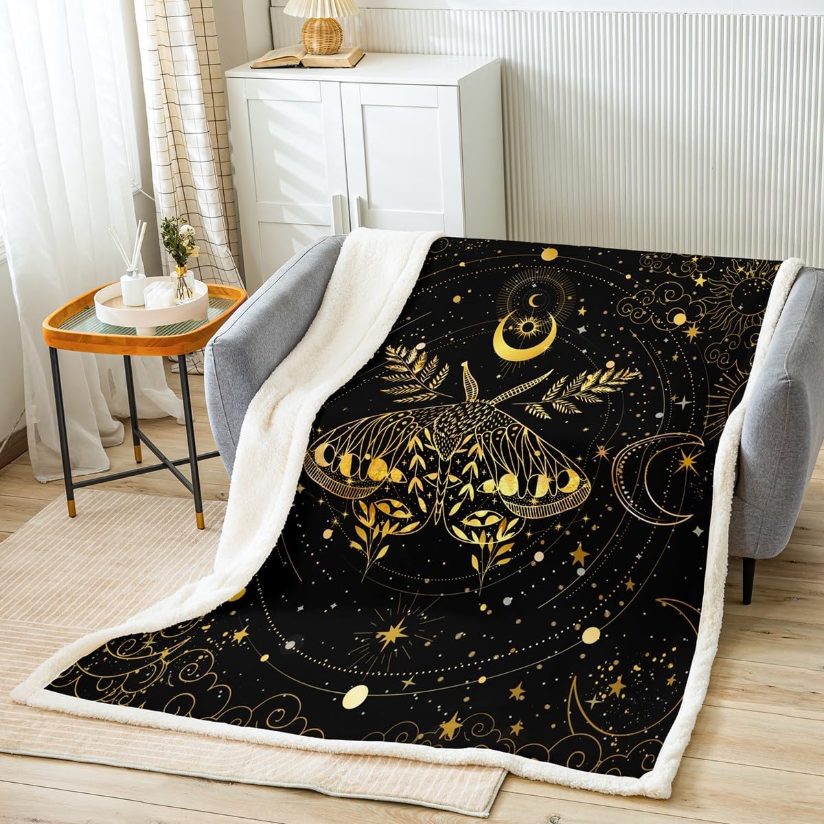 jejeloiu Moth Fleece Throw Blanket 40"x50" Bohe Plush Blanket for Bed Sofa Couch Bohemian Sherpa Blanket Breathable Sun Moon Warm Fuzzy Blanket Room Decor