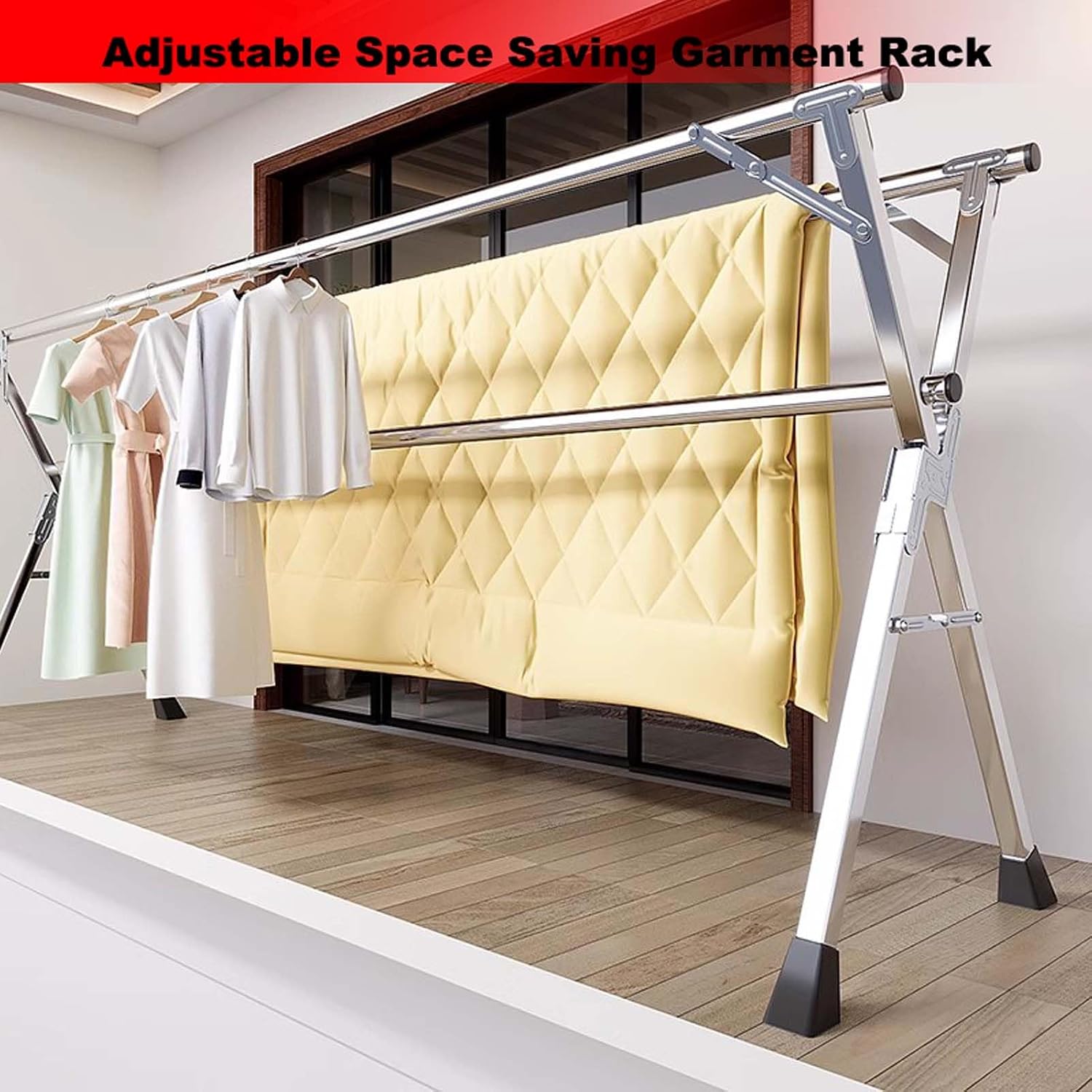 Heavy-Duty Stainless Steel Laundry Drying Rack - Collapsible & Portable Clothes Airer with 20 Windproof Hooks, Rust-Resistant Free-Standing Stand for Efficient Clothes D
