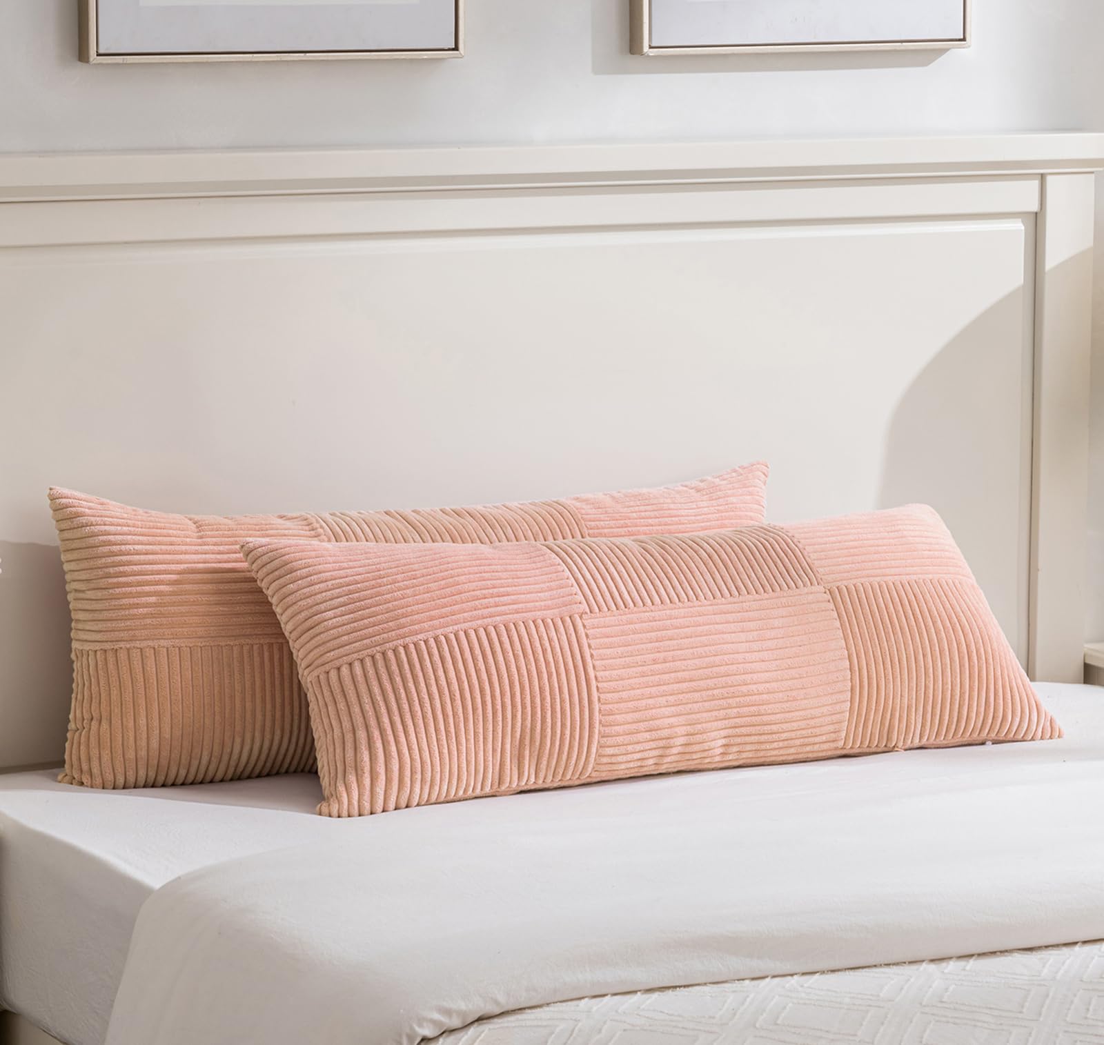 Fancy Homi Set of 2 Peach Boho Long Lumbar Body Decorative Throw Pillow Cover 14x36 Inch for Bed Couch Bedroom Bench, Soft Patchwork Corduroy Textured Pillow Case, Rustic Farmhouse Room Décor — image 1
