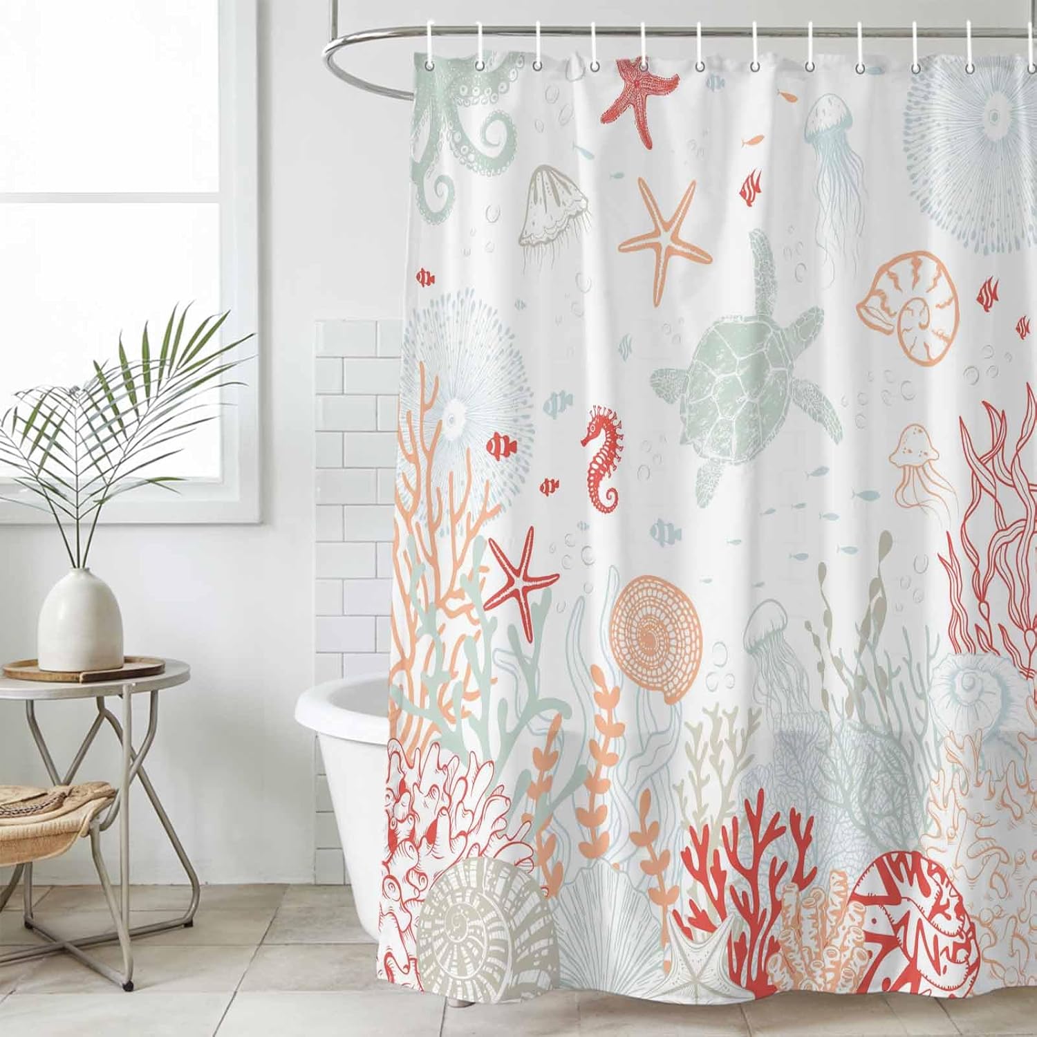 Red Orange Teal Nautical Coastal Shower Curtain Set - Small 36"x72" Summer Beach Washable Bathtub Curtain with 12 Hooks, Sea Turtle Coral Waterproof Fabric Stall Shower Curtain for Bathroom