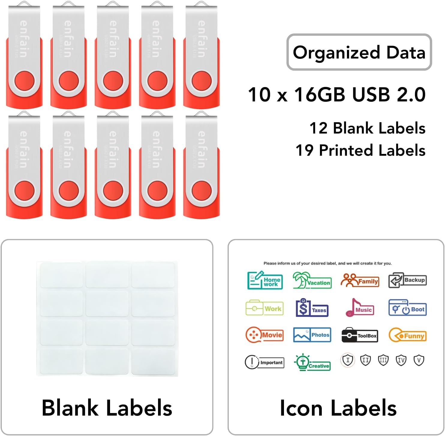 Professional 10-Pack of Enfain 16GB USB 2.0 Flash Drive 10 Pack Red | Swivel Thumb Drives with 31 Labels | Gift-Ready Packaging for Corporate Events, Office & Team Distributions image 2