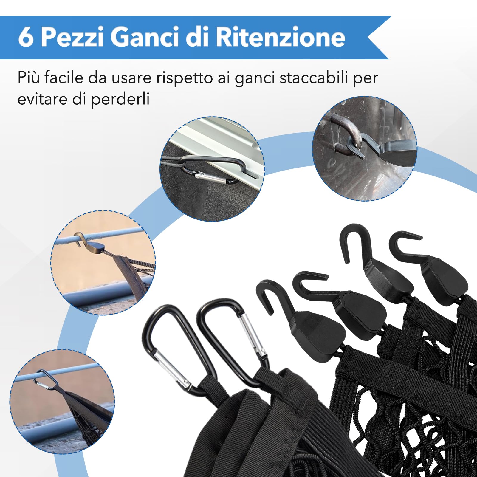 Rete Elastica per Camion, Rete Bagagliaio Auto con Ganci, Grandi Rete Portaoggetti 1,2 x 1,2 m Estensibile Fino a 2,1 x 2,1 m, Rete da Carico per Pick-up, Auto, SUV, Rimorchio, Barca, Camper
