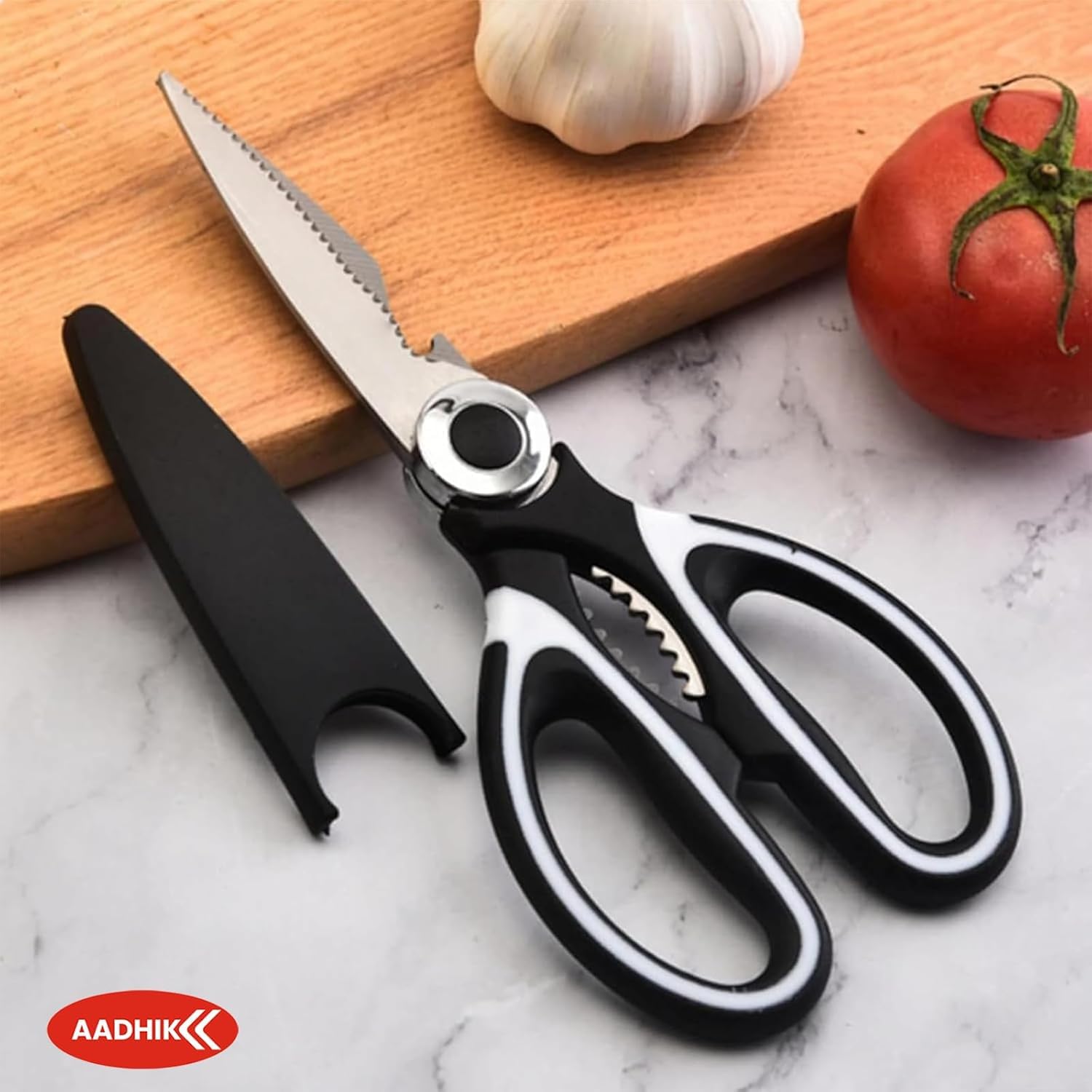 AJARVAR Multi Purpose Made In Japan Kitchen Scissors, food scissors,Premium Stainless Steel Solid Kitchen Shears for Meat, Seafood, Chicken, Vegetables, Herbs, BBQ, Bottle Opener (Black) 4