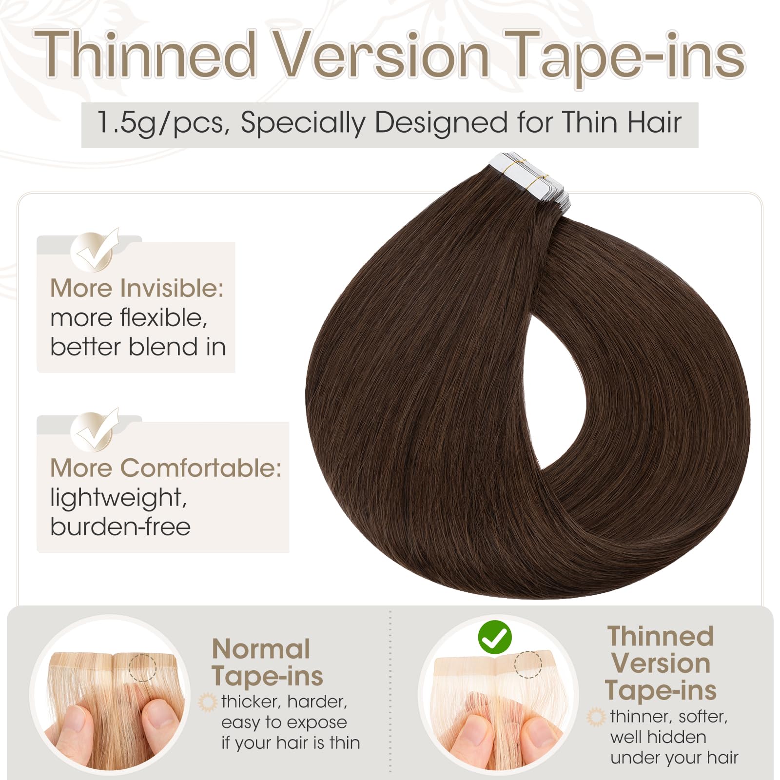 Elailite Tape in Hair Extensions Human Hair Real Human Hair 10 Pcs Invisible Thin Type - Image 2