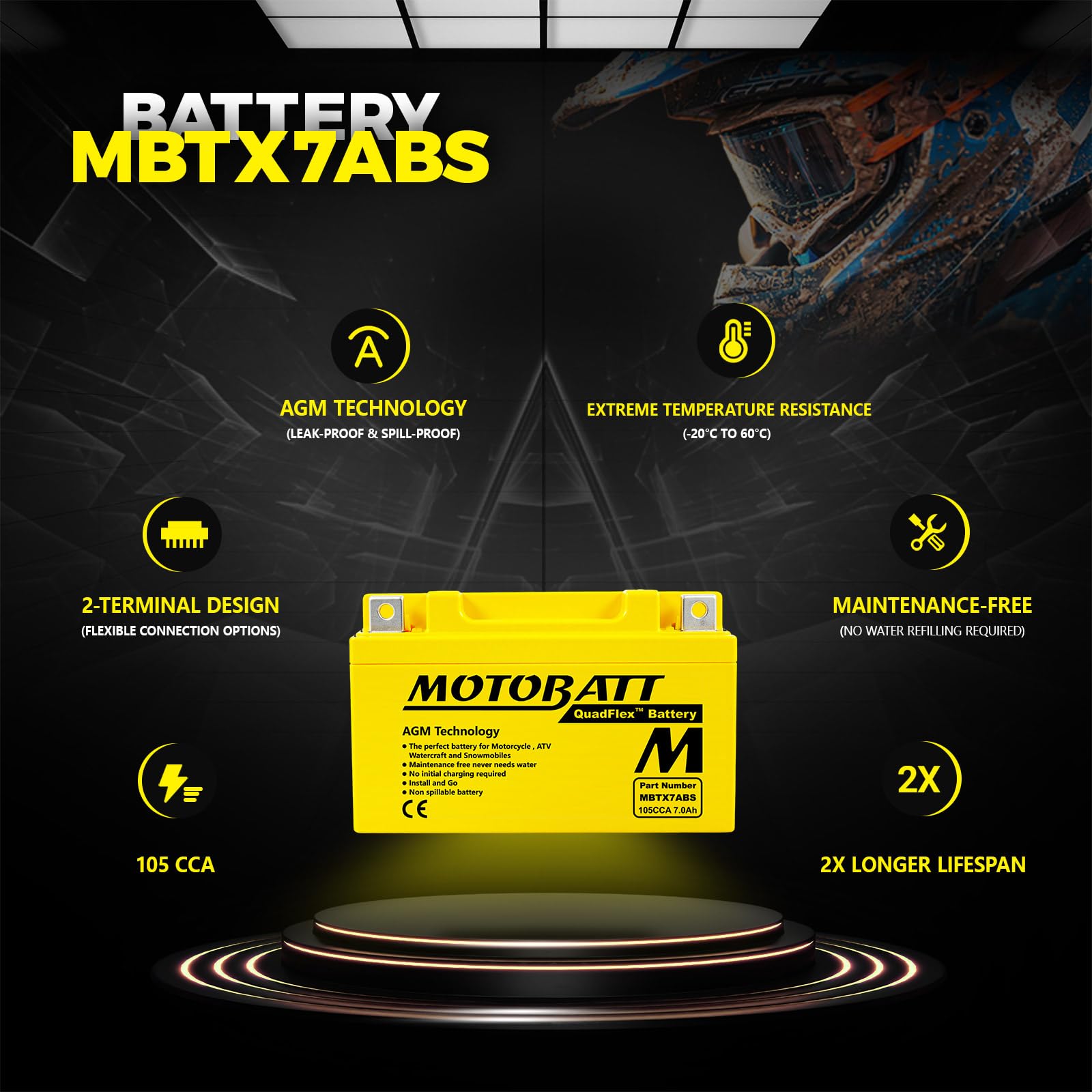 MOTOBATT - Batteria Moto AGM MBTX7ABS | 12V 7.0Ah 105CCA | Sigillata Attivata in Fabbrica | Compatibile con YTX7A-BS | Compatibile con Honda, Yamaha, Kawasaki, Suzuki, BMW e tutti
