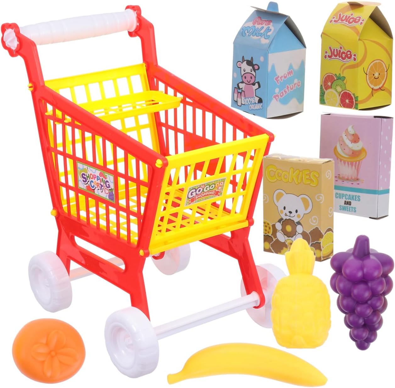 Alasum Kids Shopping Cart Toy Pretend Play Grocery Store Set with Fruit and Vegetable Accessories Play House Toy for Toddlers Funny Shopping Trolley 10.23 X 8.66 X 6.29 in