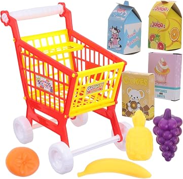 Kids Early Education Play Cart Toy Set - Mini Fun Grocery Shopping Cart with Fake Fruits and Vegetables for Toddlers Red