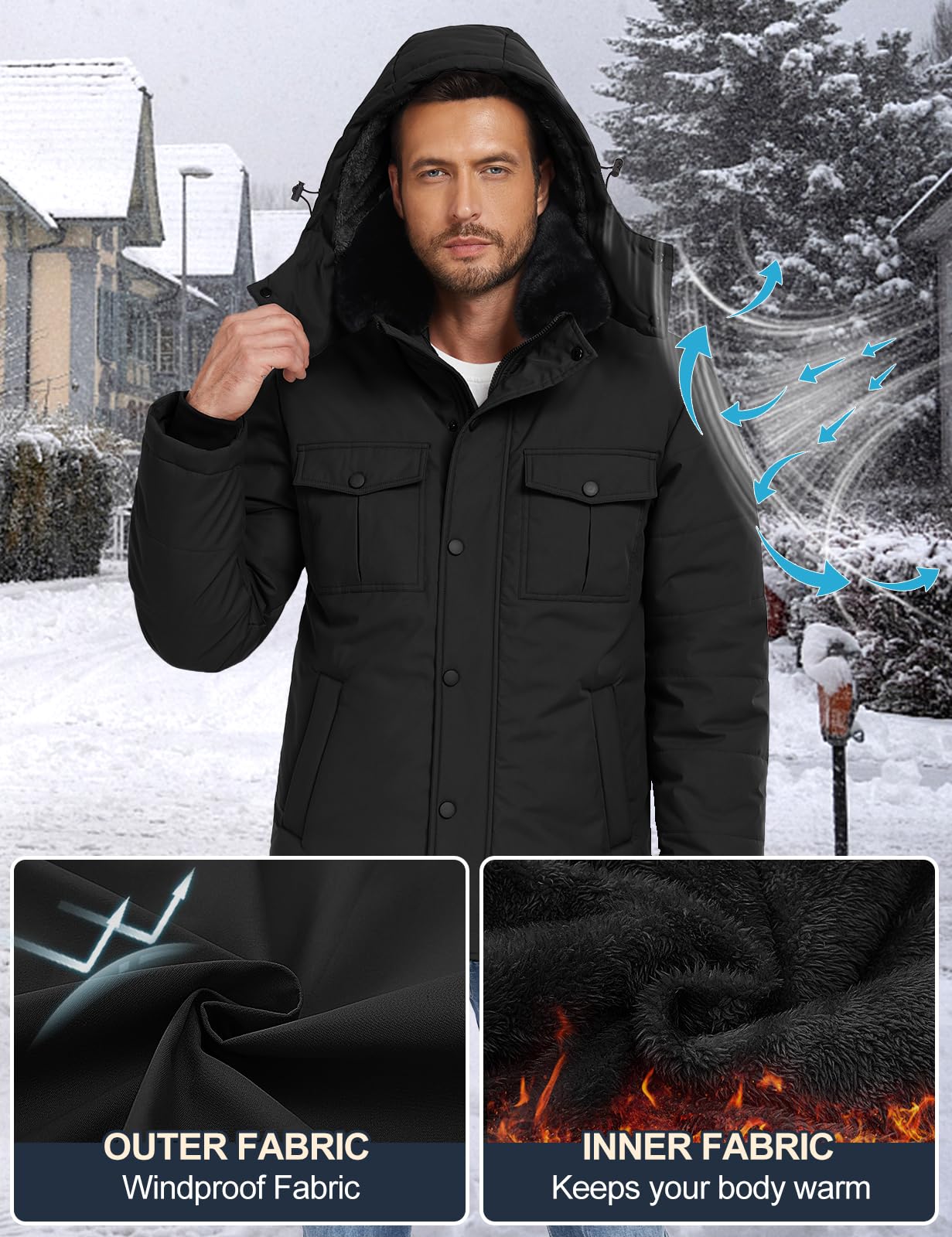 Tuopuda Abrigo Parka Térmico Hombre con Capucha Desmontable Chaqueta de Invierno para Hombre Parka Cortaviento con Cremallera