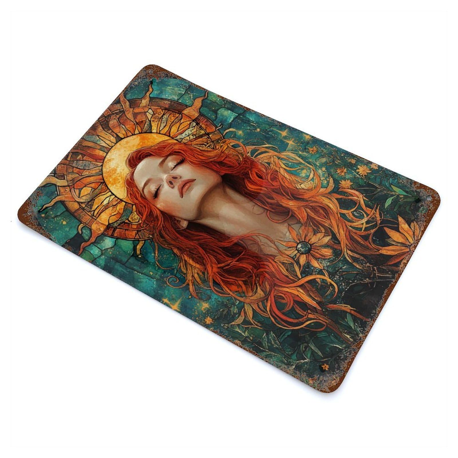 Sun Goddess with Flowers 11.8"x7.9" Retro Metal Sign, Vintage Wall Decor for Garage, Bar And Workshop Decor