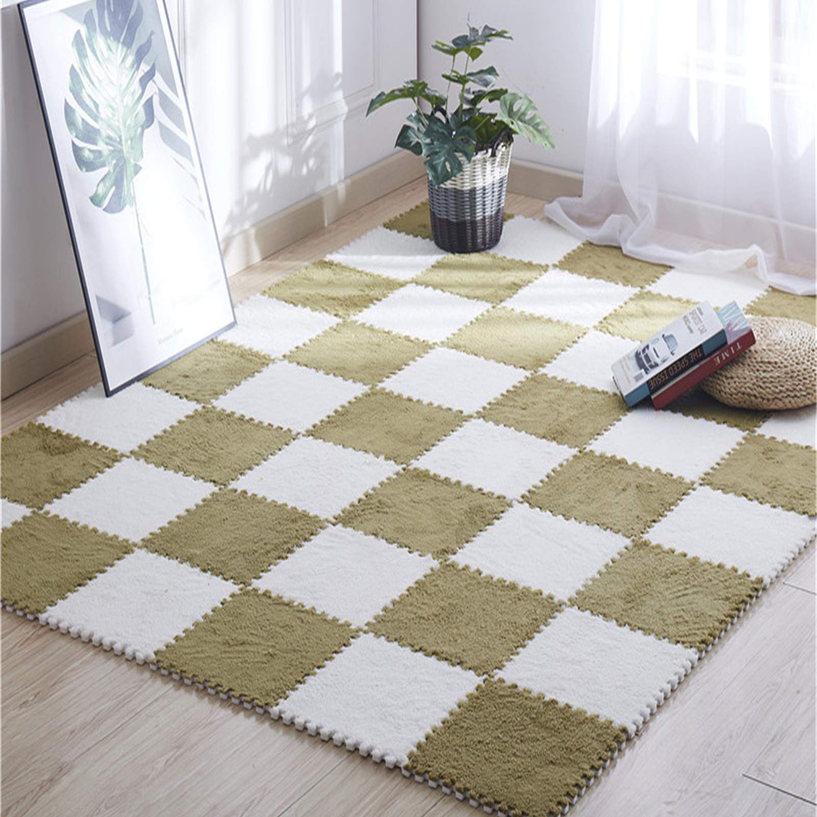 Tappetino Puzzle in Peluche Per Bambini, Tappetino Da Gioco Per Bambini Tappetini in Schiuma - Protezione Del Pavimento Per Garage Esercizio Yoga Sala Giochi,Green+white